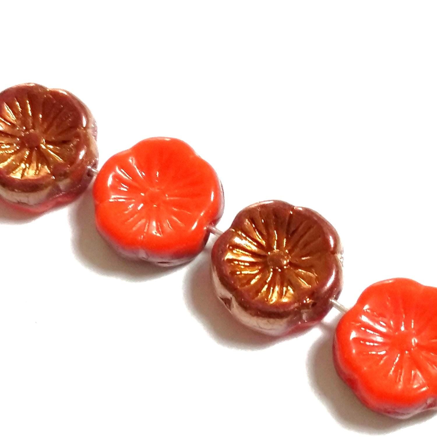 Orange & Copper Czech Glass Hawaiian Flower 12mm - 6pcs