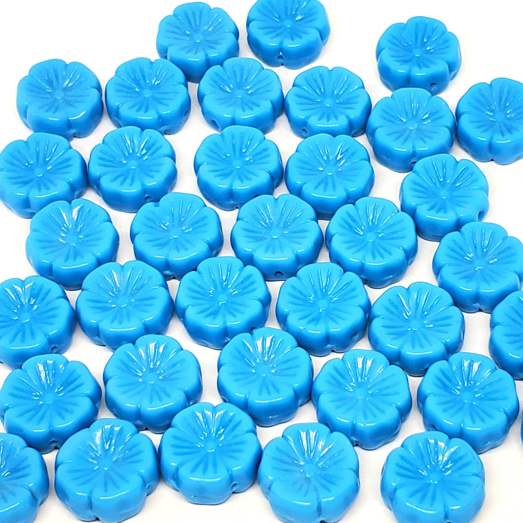 Blue Pressed Glass Hawaiian Flower Czech Glass 14mm - 6pcs