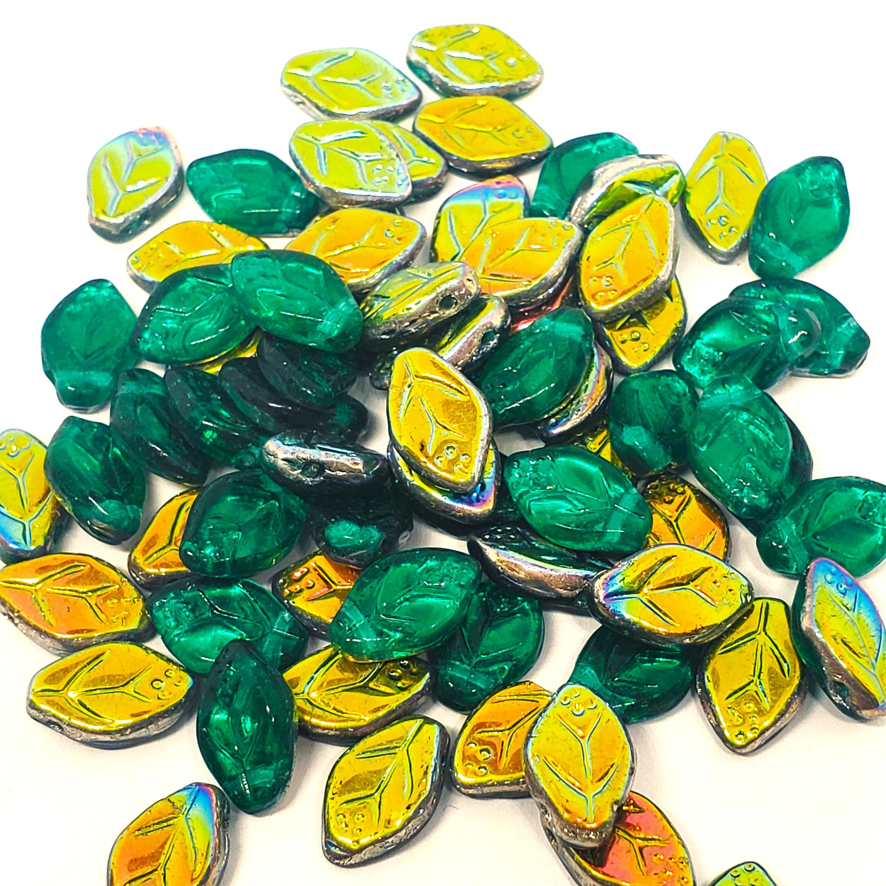 Green & Metallic Gold/Pink Czech Glass Leaf 12x7mm - 20pcs