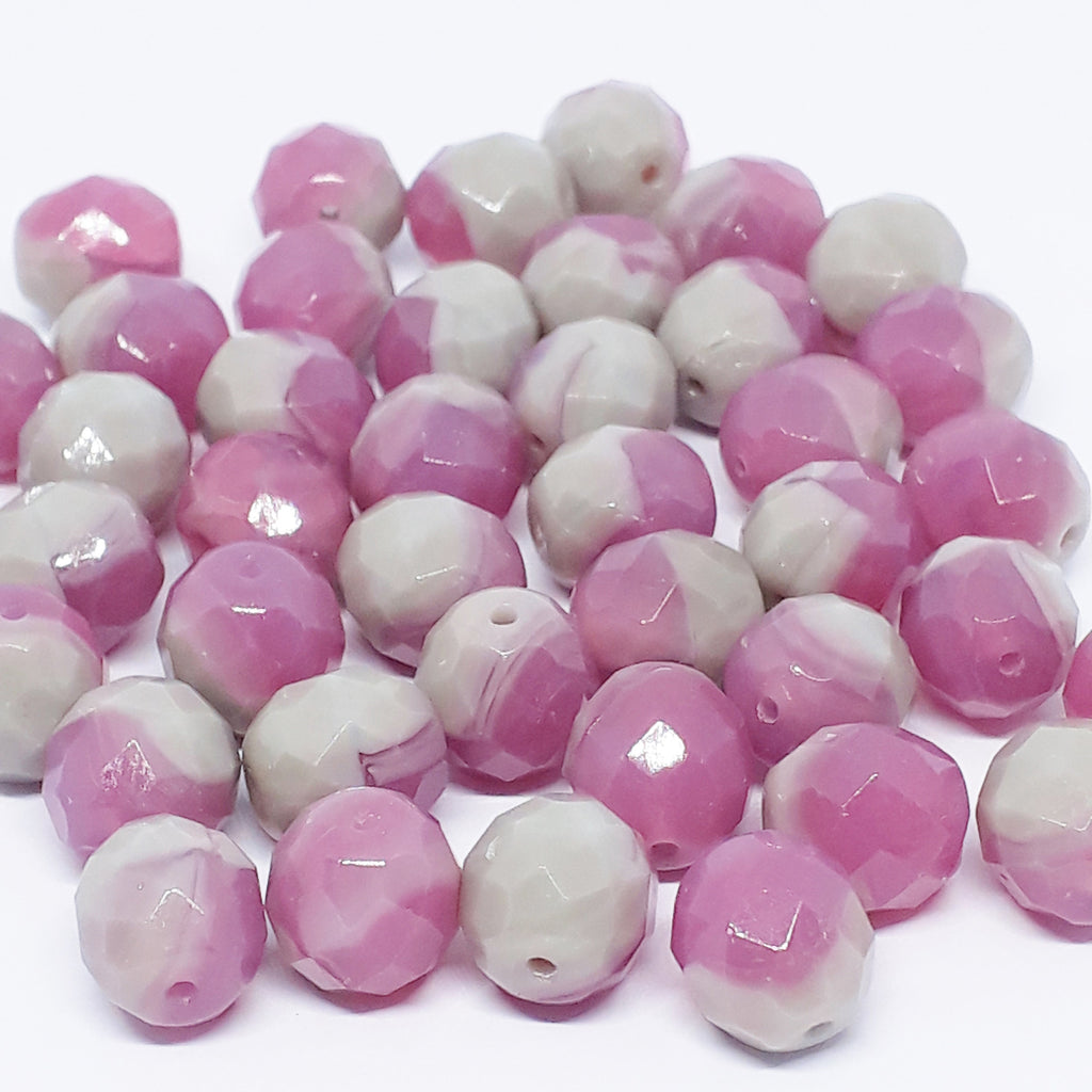 Pink & Grey Faceted Round Czech Glass 10x9mm - 10pcs