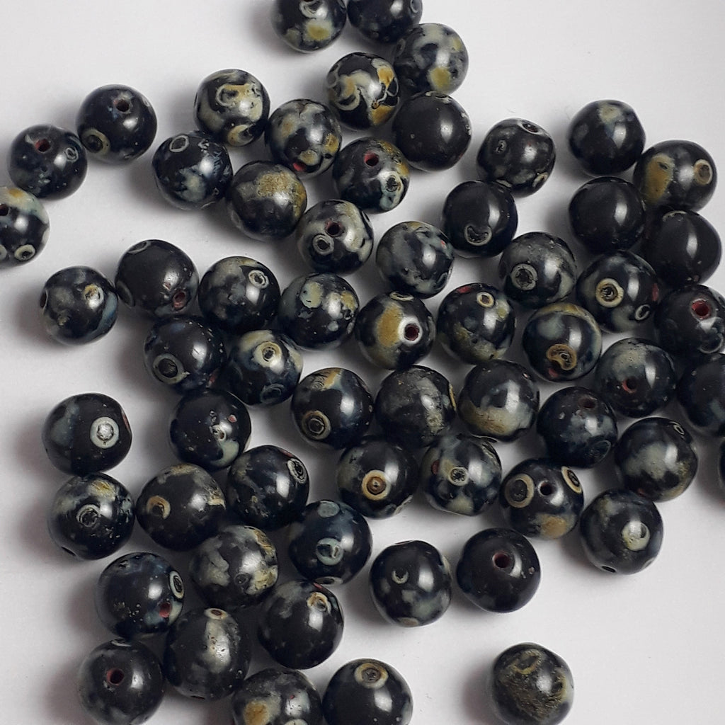 Black, Ochre & Green Picasso Czech Glass Round 7mm - 30pcs