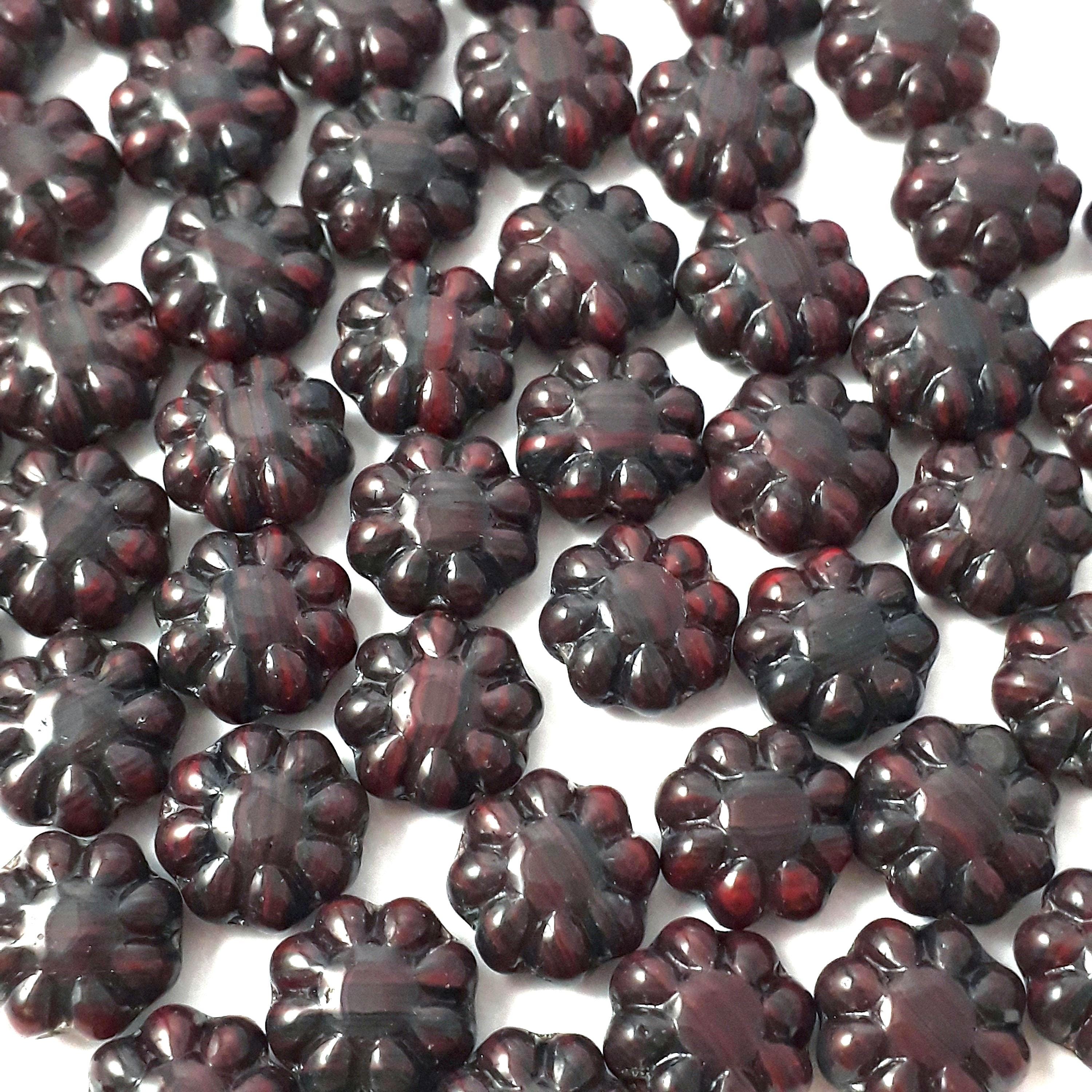 Black & Red Czech Glass Hawaiian Flower 9mm - 10pcs