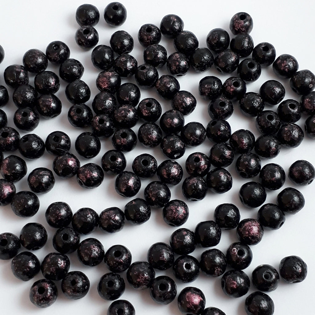 Opaque Black & Metallic Dark Pink Czech Glass Round 6mm - 30pcs