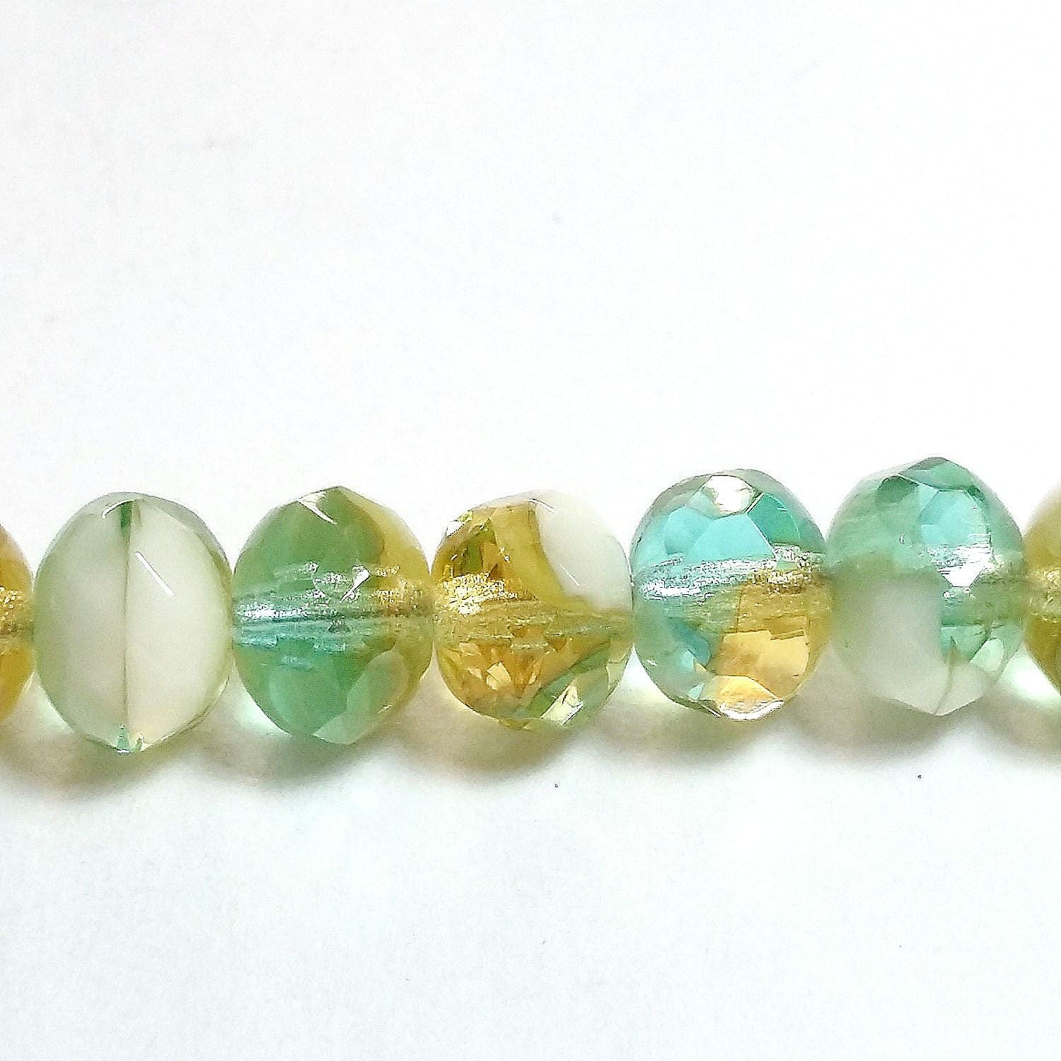 Amber, Green & Cream Czech Glass 7x5mm - 20pcs