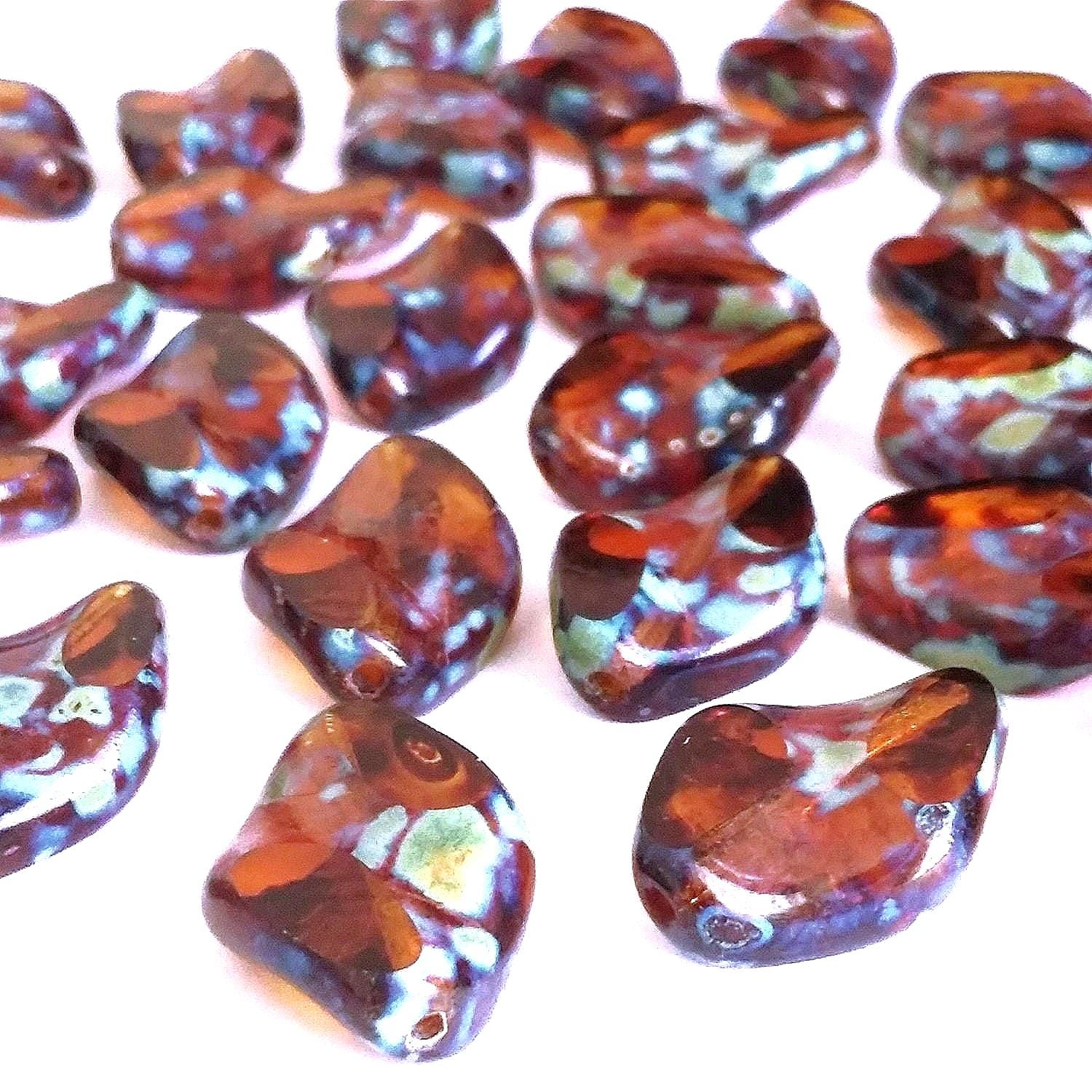 Wavy Leaf Brown Picasso Czech Glass 19x13mm - 6pcs