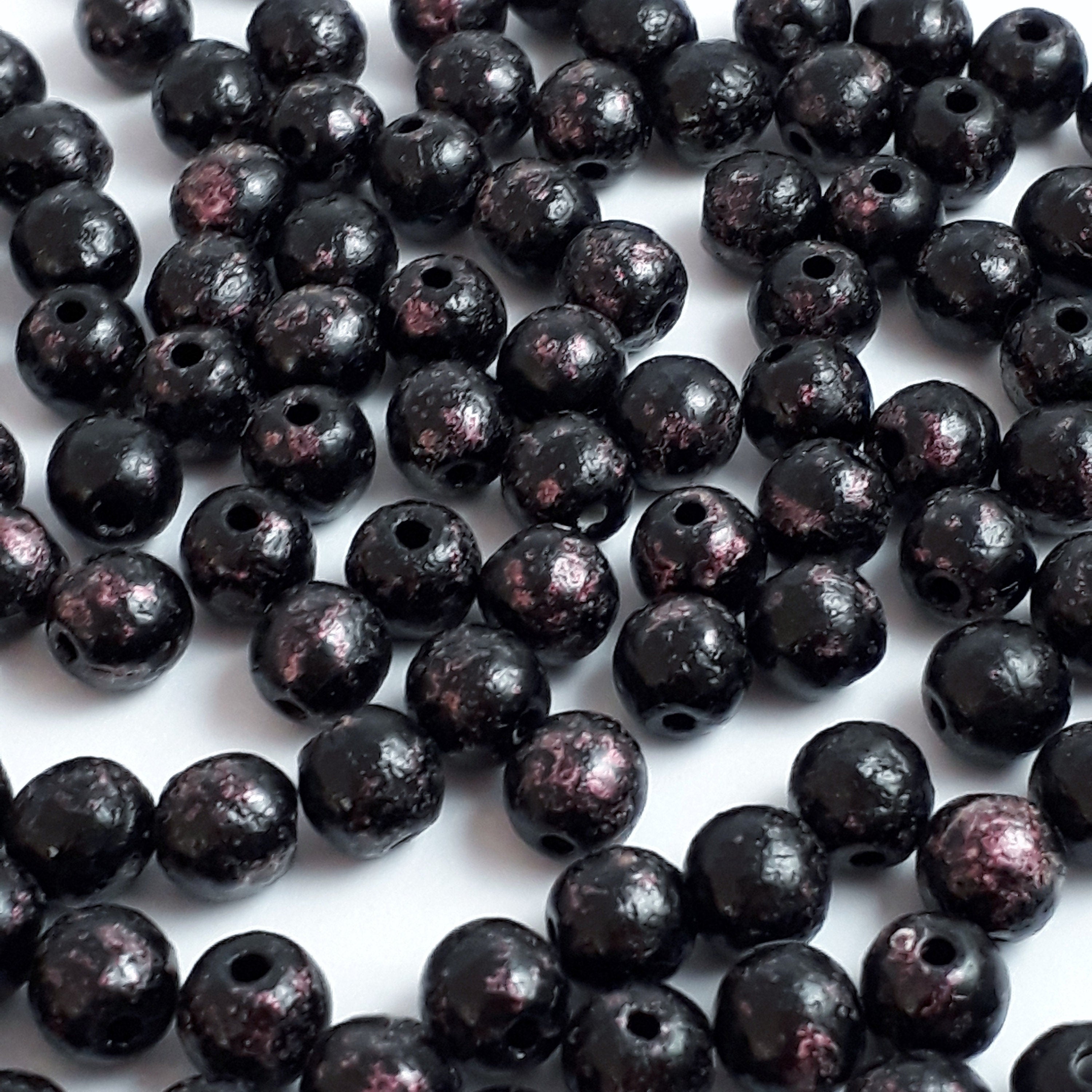 Opaque Black & Metallic Dark Pink Czech Glass Round 6mm - 30pcs