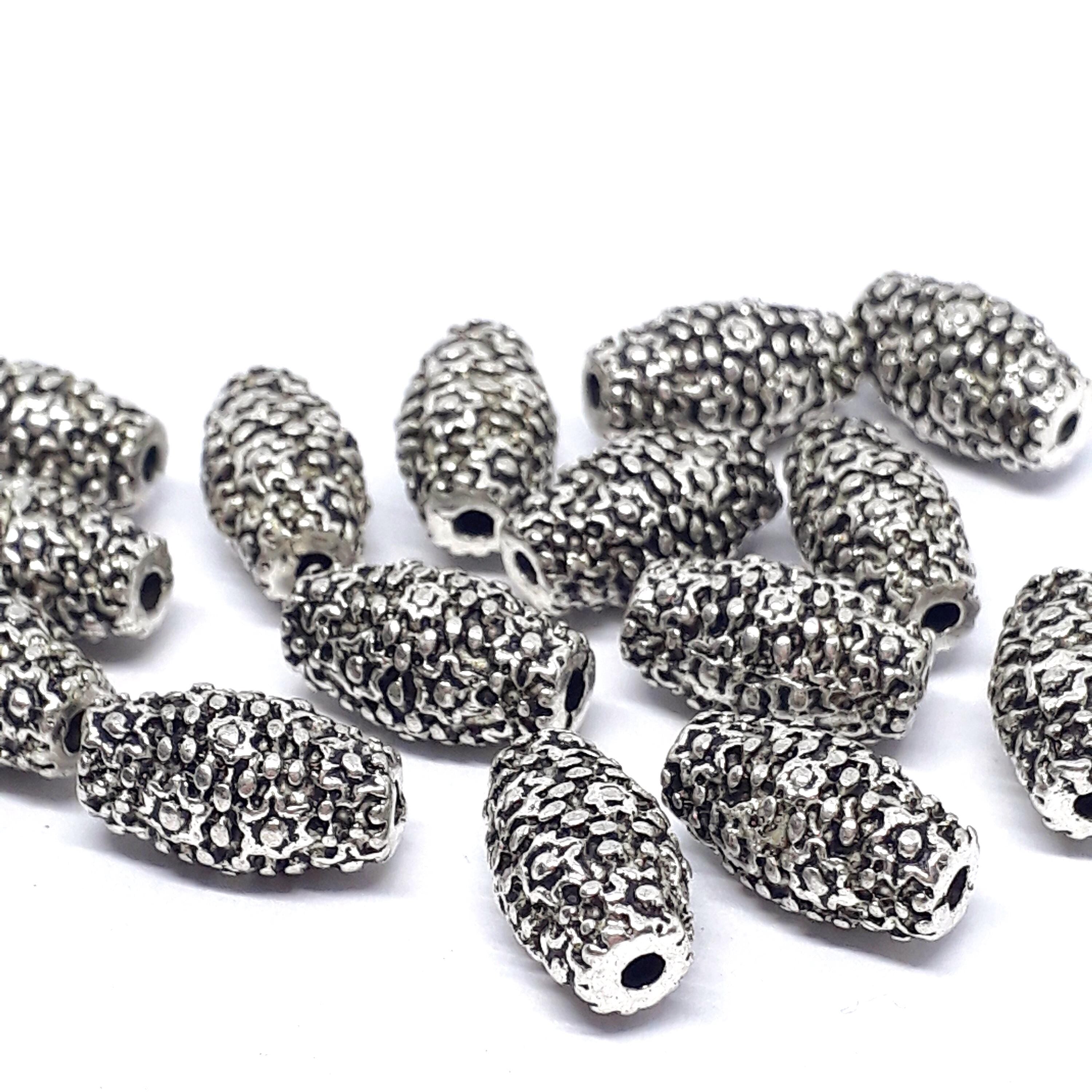 Dotted Flower Oval Tube Antique Silver 11x6mm - 6pcs