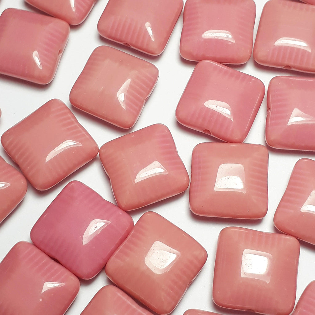 Pink Puffed Square Czech Glass 14mm - 6pcs
