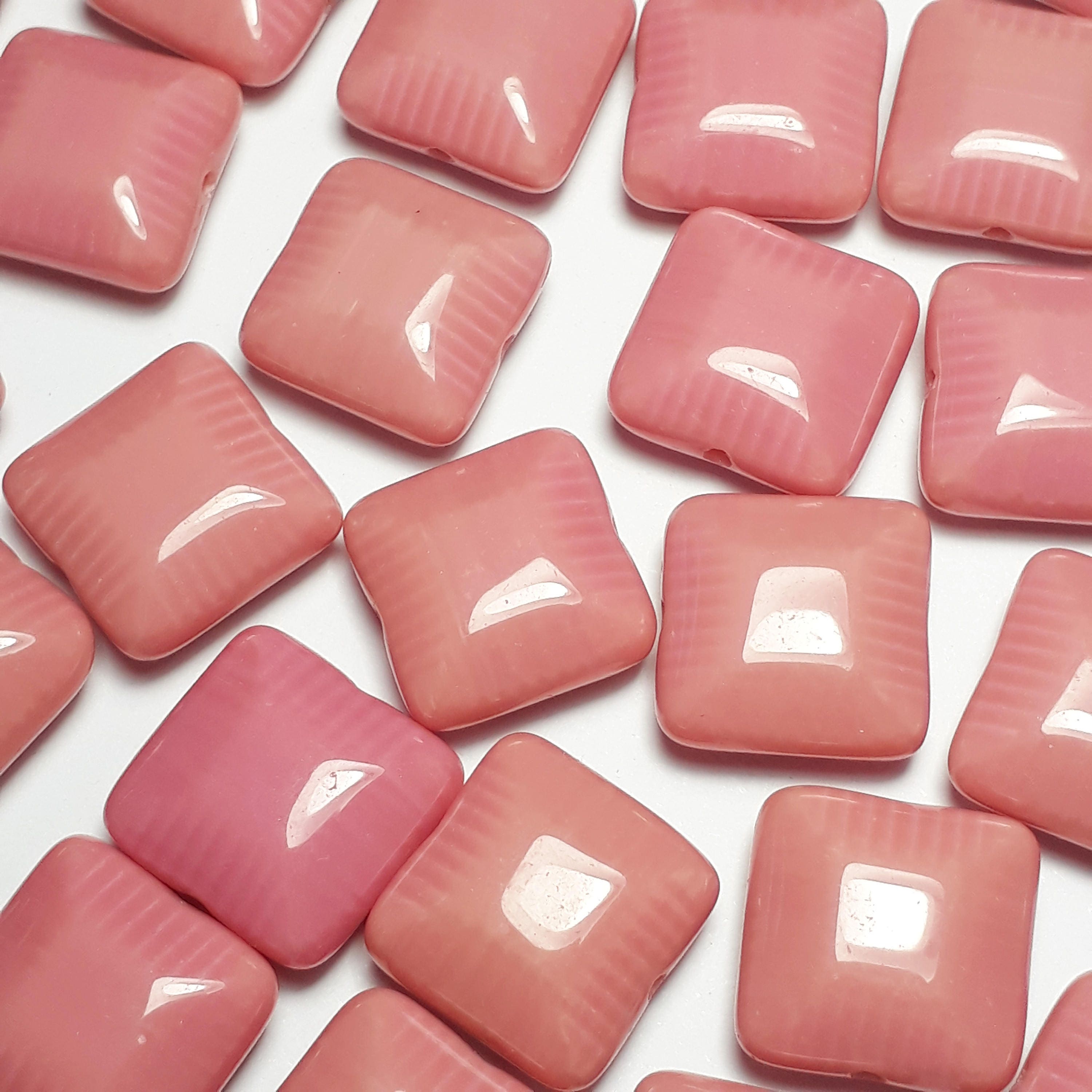 Pink Puffed Square Czech Glass 14mm - 6pcs