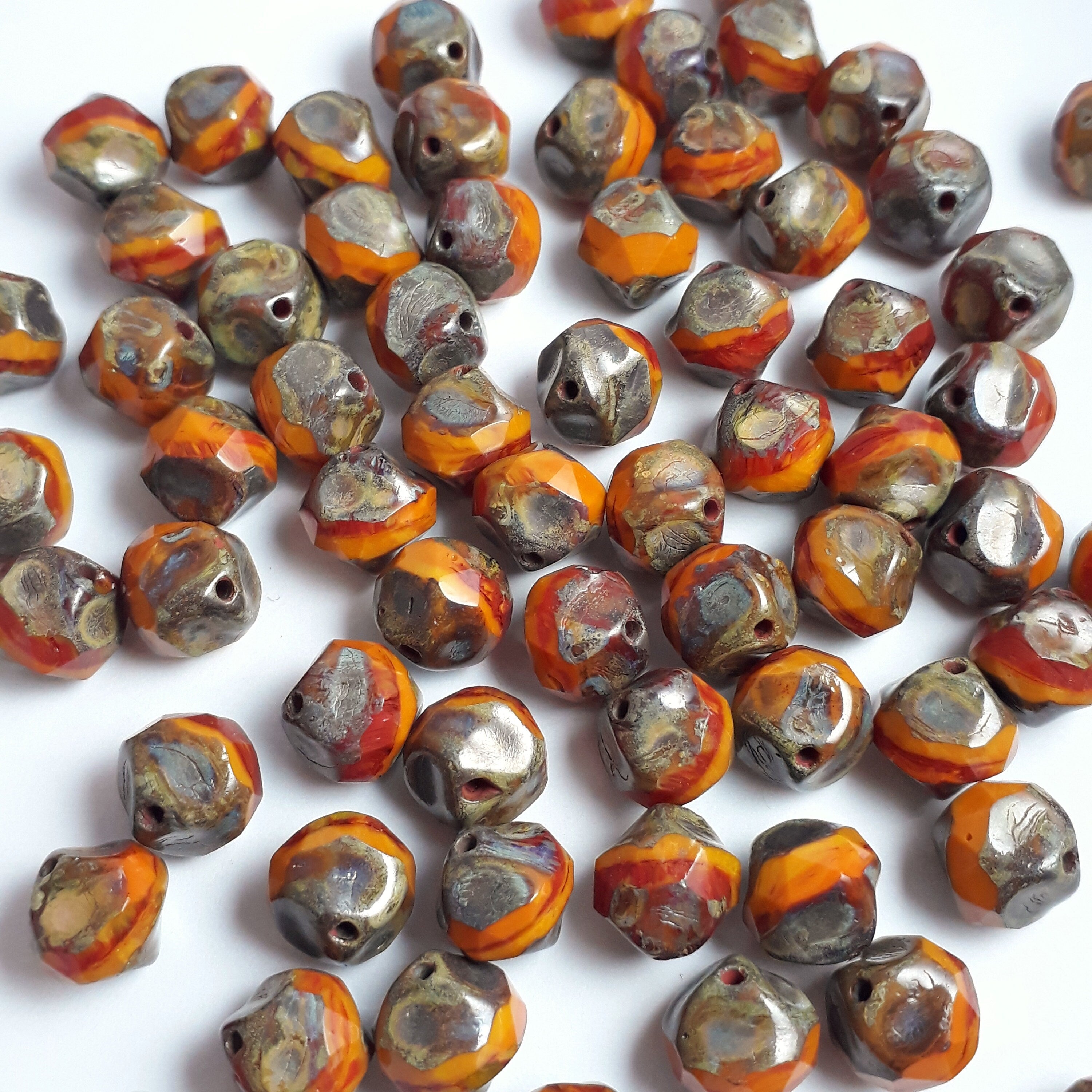Orange Picasso Faceted Bicone Czech Glass 9x8mm - 6pcs