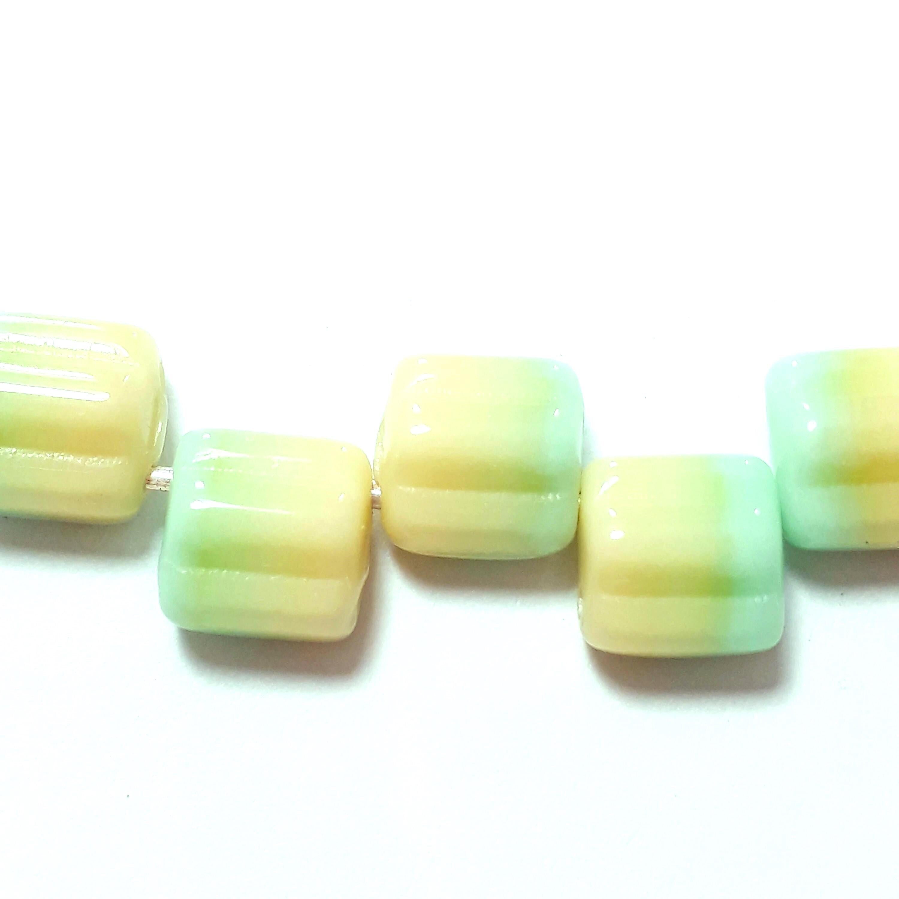 2-Hole Green & Yellow Czech Glass Square 6mm - 20pcs