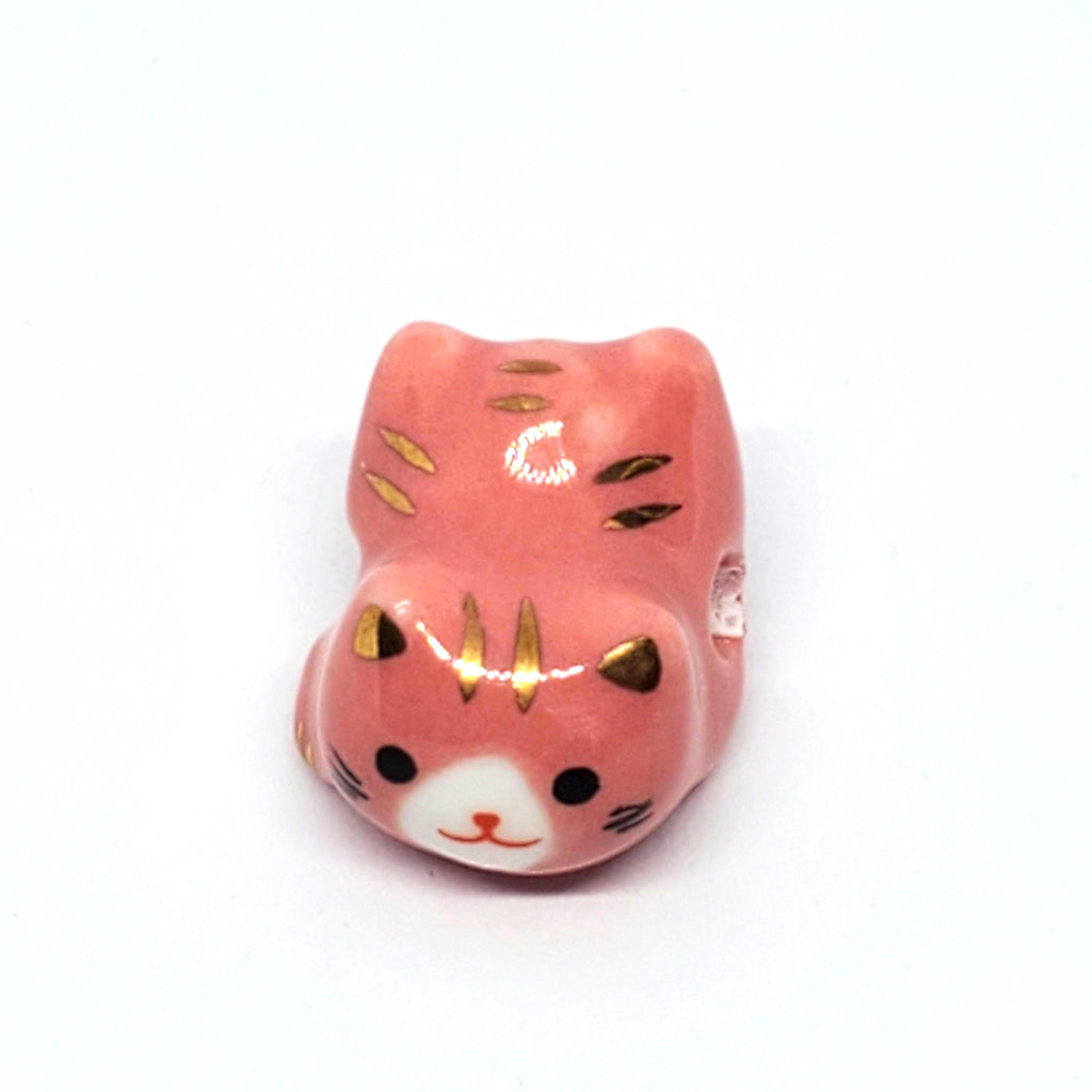 Chinese Cat Ceramic Pink & Gold 16x13mm - 1pc