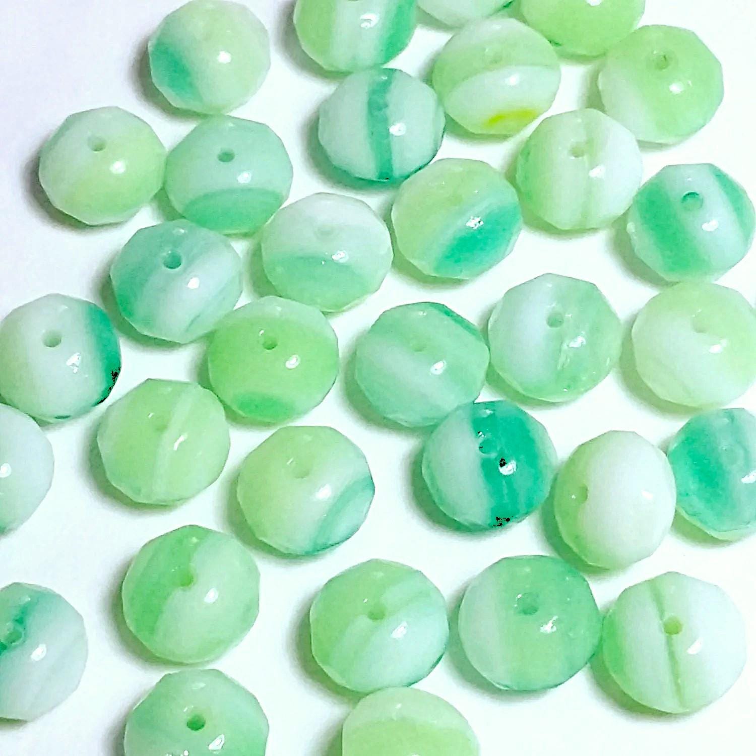 Mixed Green & White Rondelle Czech Glass 9x6mm - 10pcs