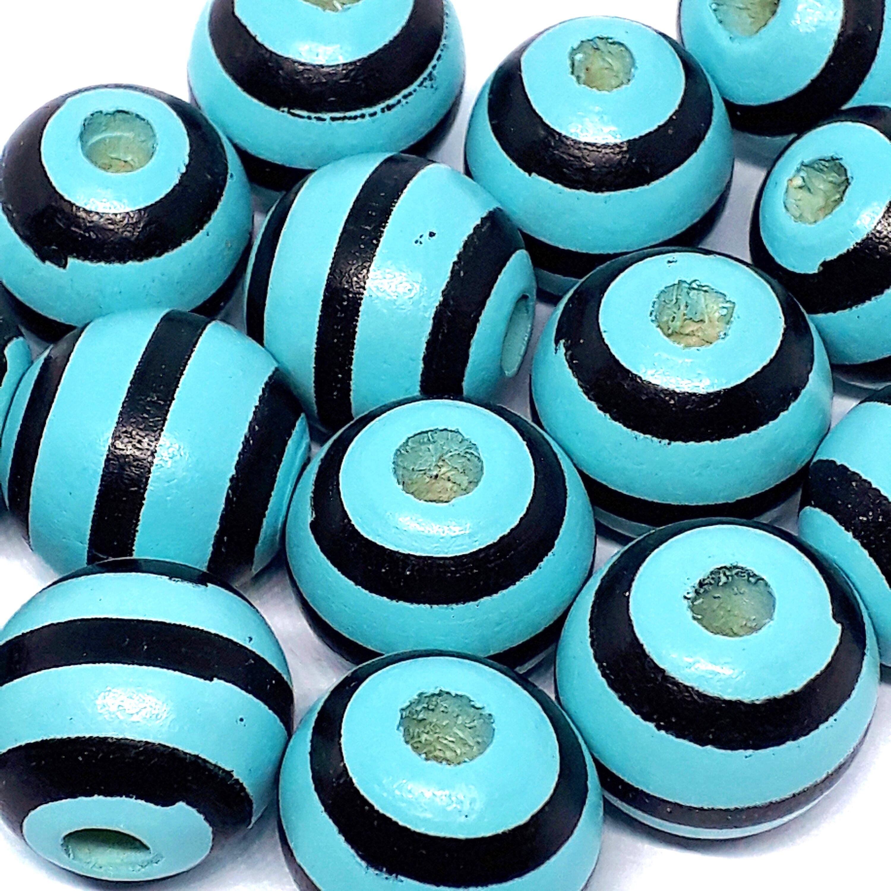 Turquoise & Black Striped Wood 16x15mm - 5pcs