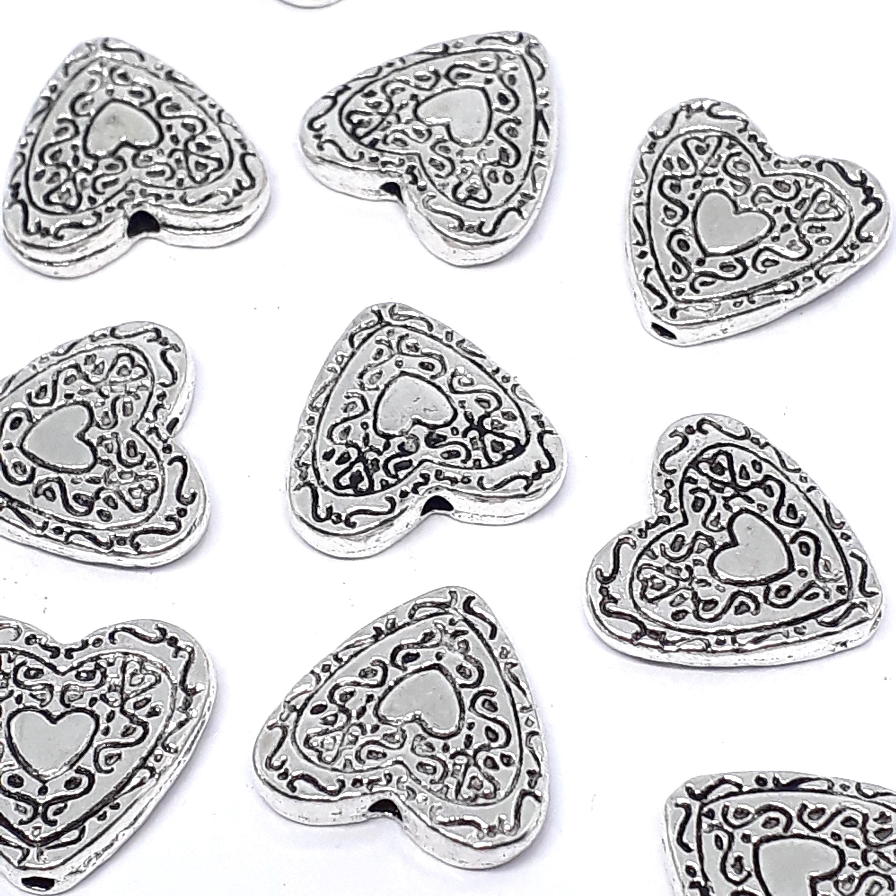Carved Heart Antique Silver 14x13mm - 10pcs