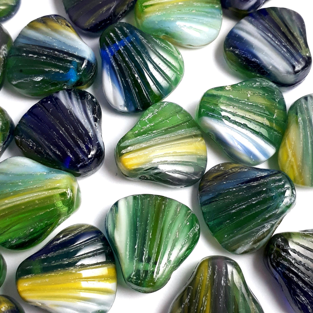 Green, Blue & White Czech Glass Shell 15mm - 6pcs