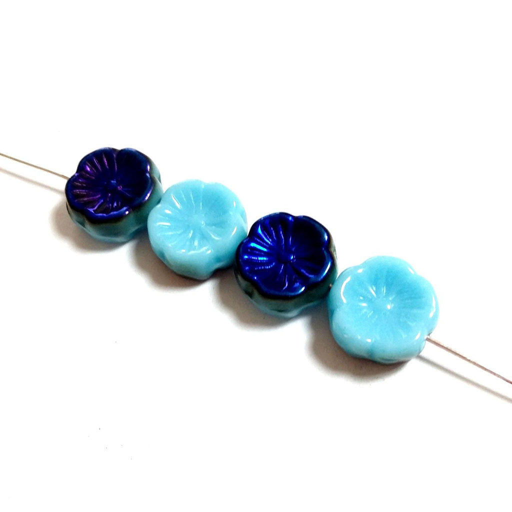 Blue Metallic Czech Glass Hawaiian Flower 12mm - 6pcs