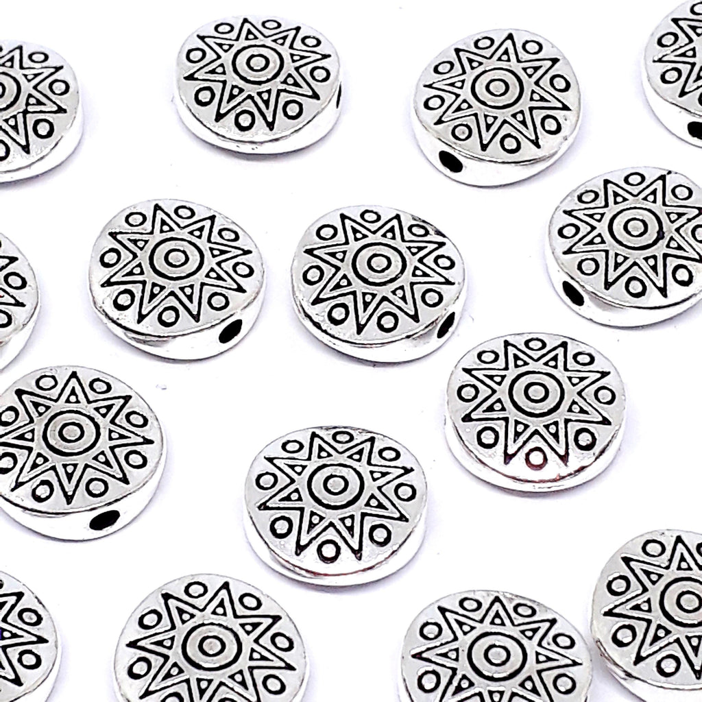 Flat Round Star Coin Antique Silver 10mm - 10pcs