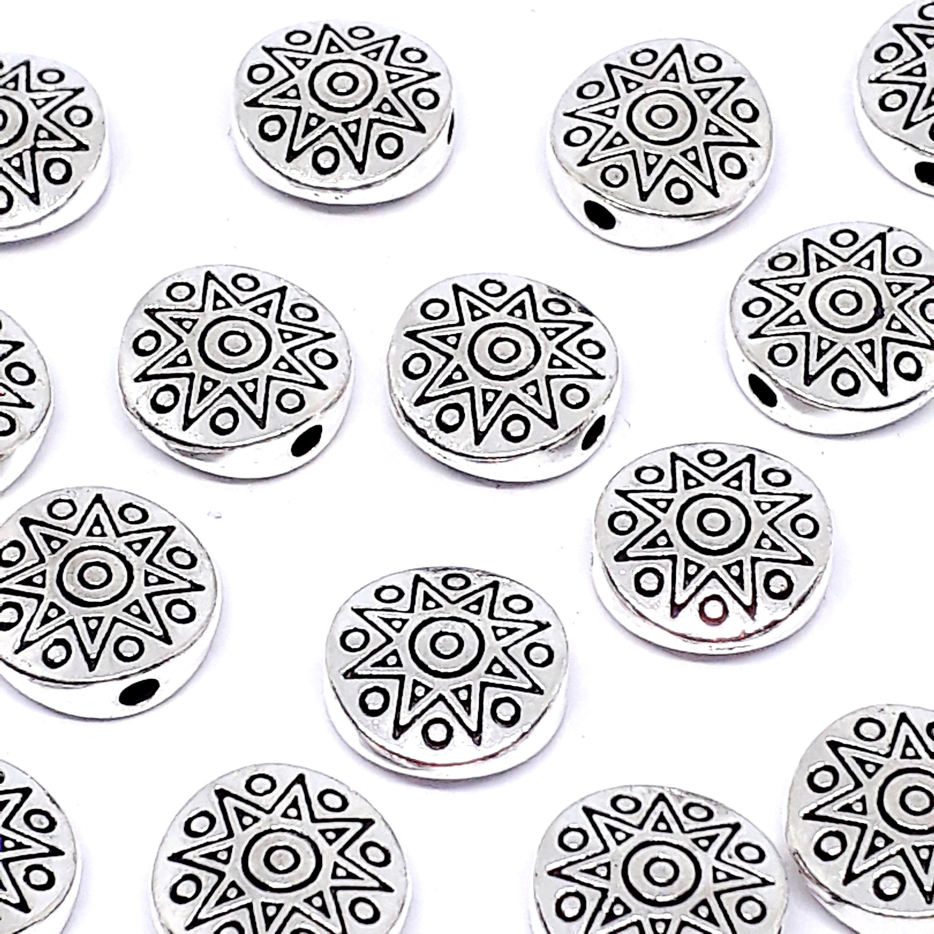 Flat Round Star Coin Antique Silver 10mm - 10pcs