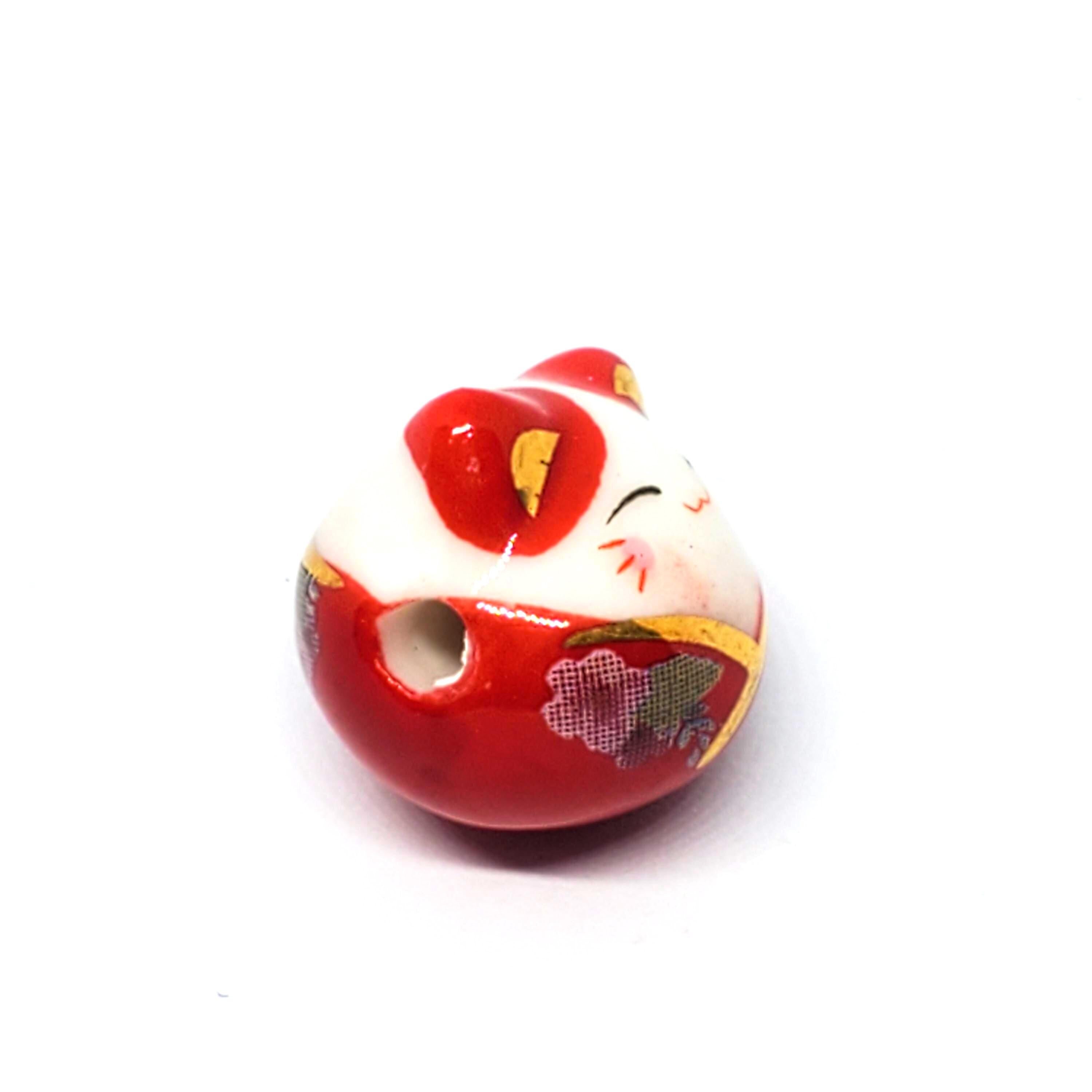 Chinese Cat Ceramic Red & White 15x14mm - 1pc