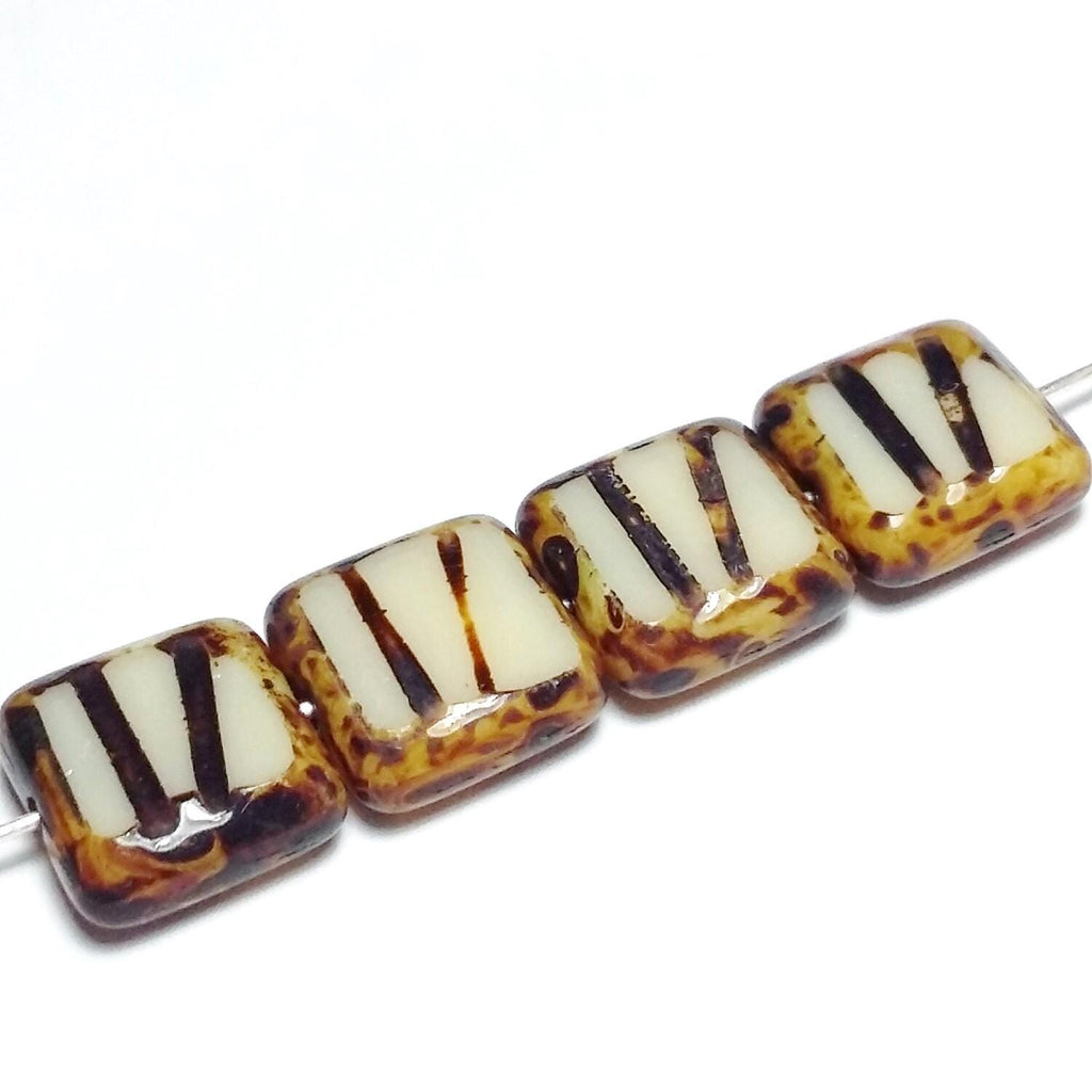 Table Cut Square Beige & Brown Czech Glass 10mm - 6pcs