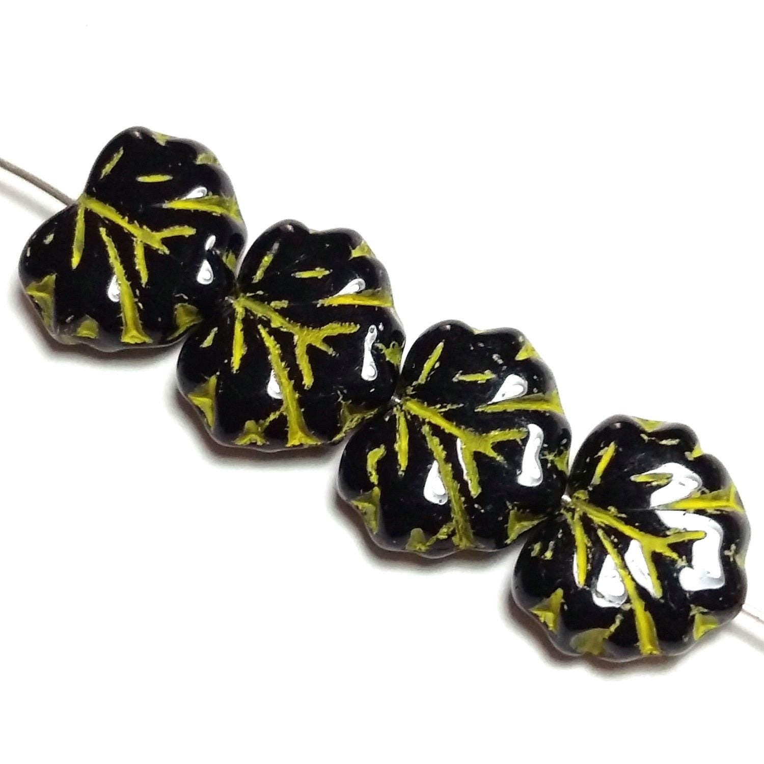 Black & Yellow Czech Glass Maple Leaf 13x11mm - 10pcs