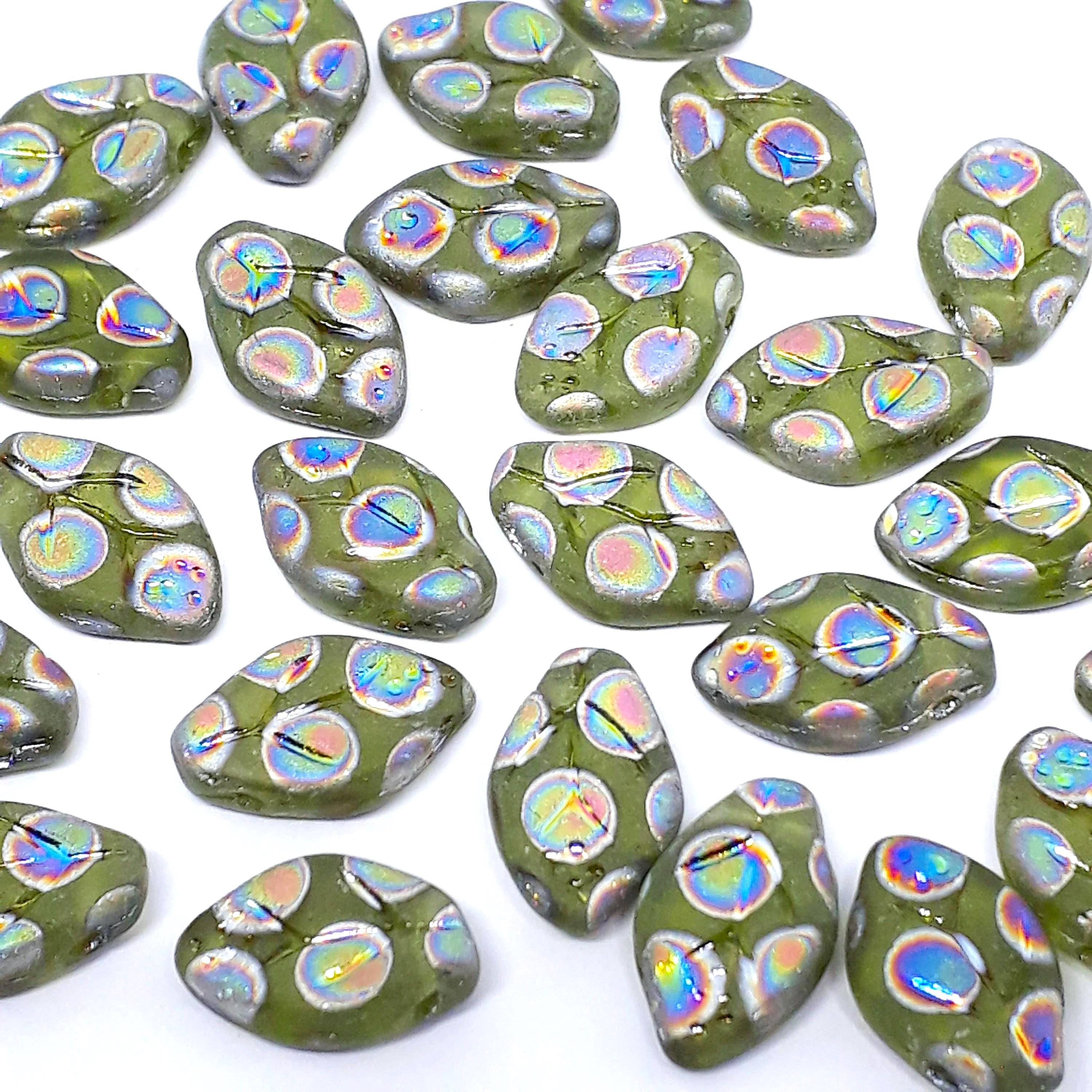 Matte Green Peacock Czech Glass Leaf 12x7mm - 20pcs