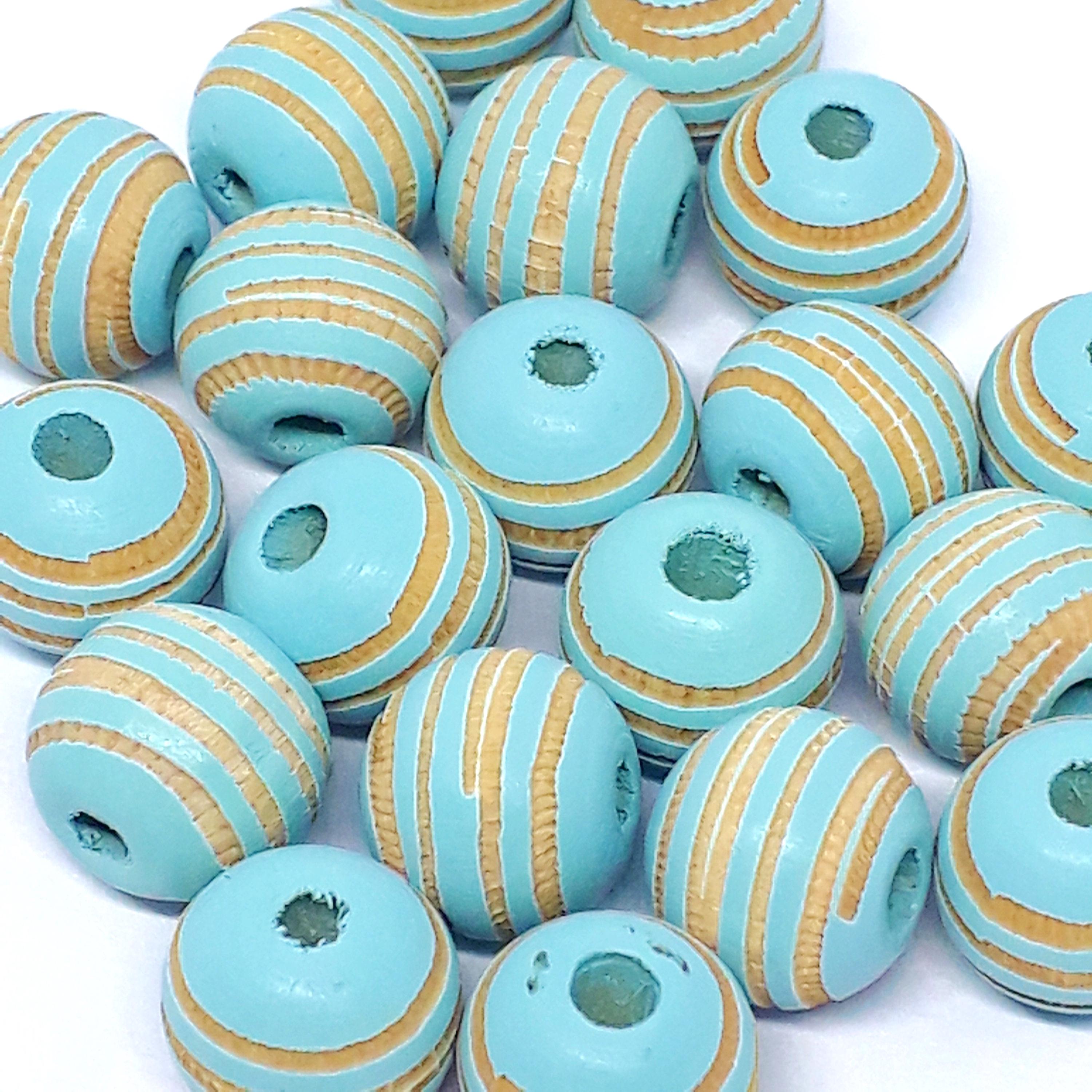 Turquoise Striped Carved Wood Round 10x9mm - 5pcs
