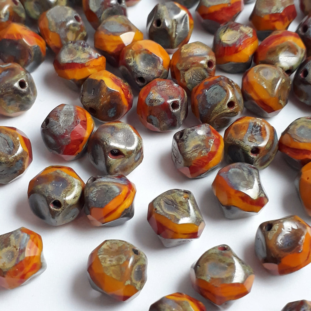 Orange Picasso Faceted Bicone Czech Glass 9x8mm - 6pcs