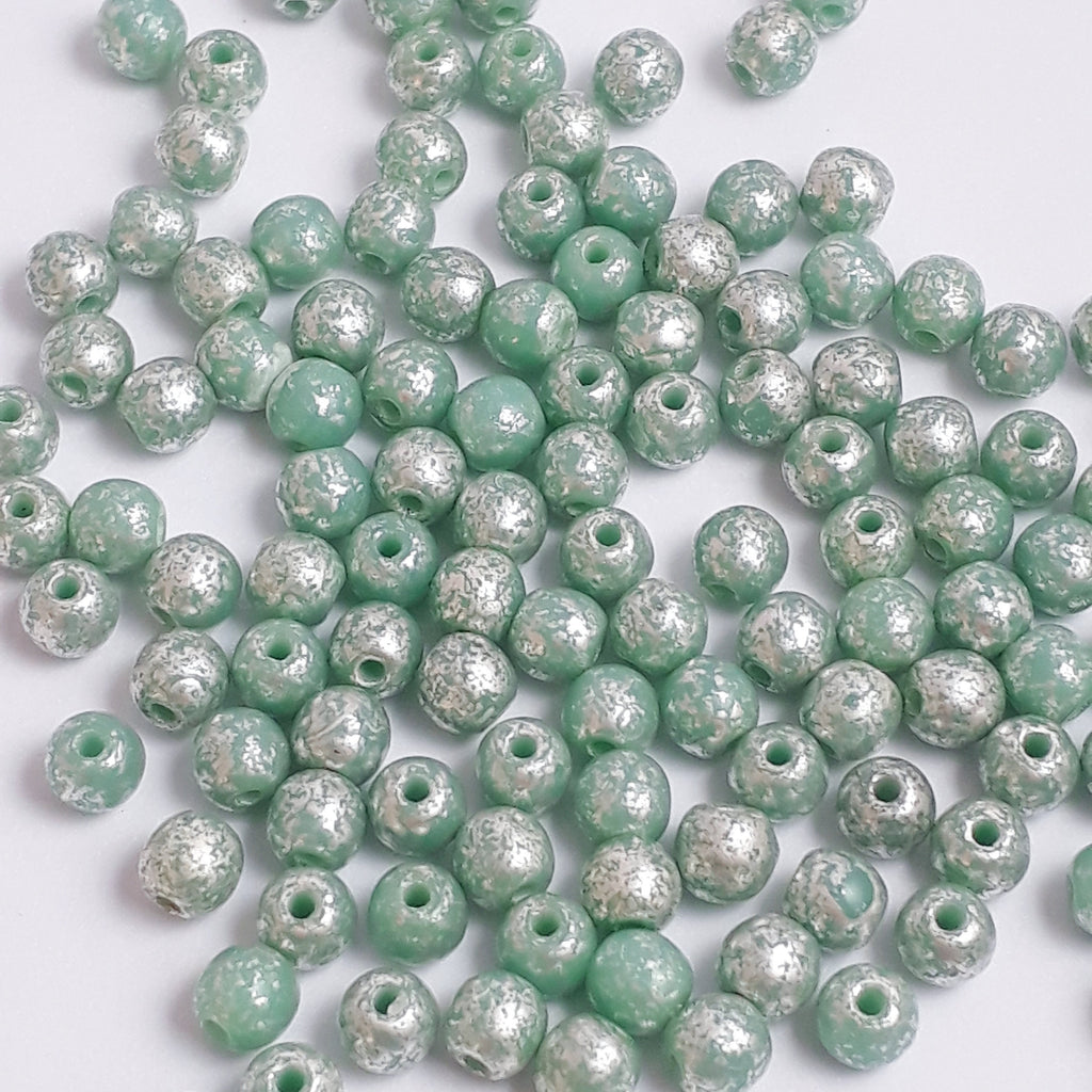 Green & Silver Mottled Czech Glass Round 3mm - 120pcs