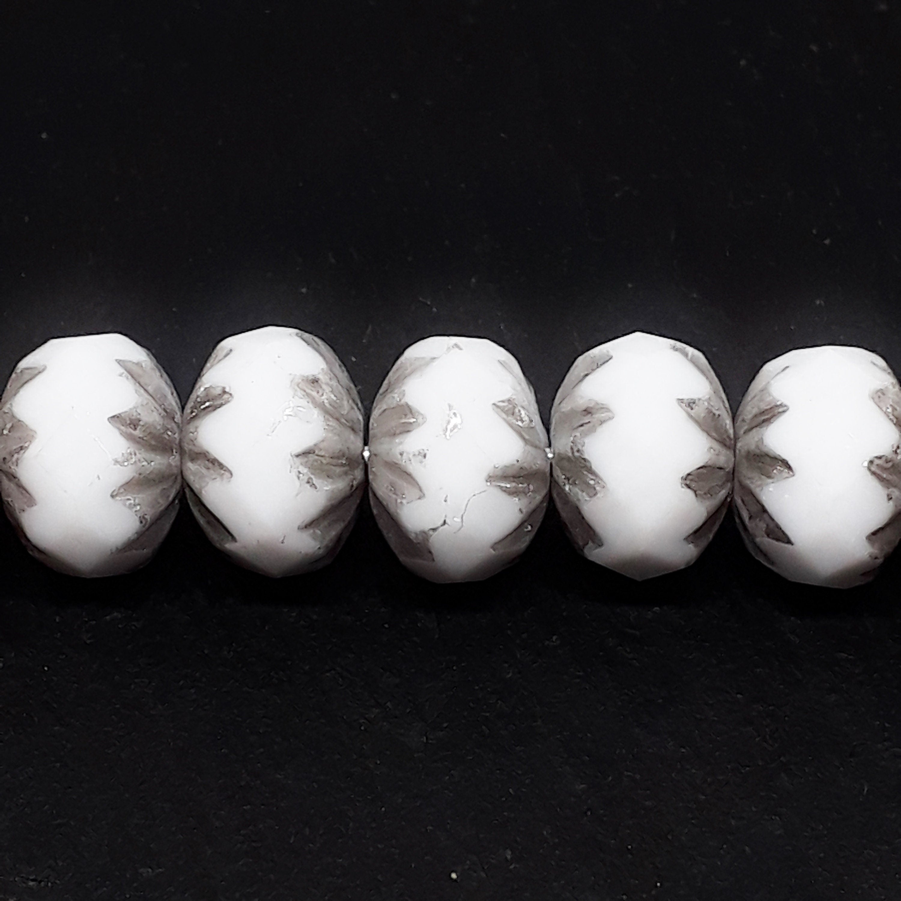 White & Silver Cathedral Czech Glass Faceted Rondelle 10x7mm - 6pcs
