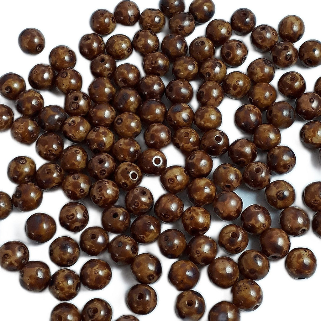 Dark Brown Picasso Czech Glass Druk Round 6mm - 30pcs