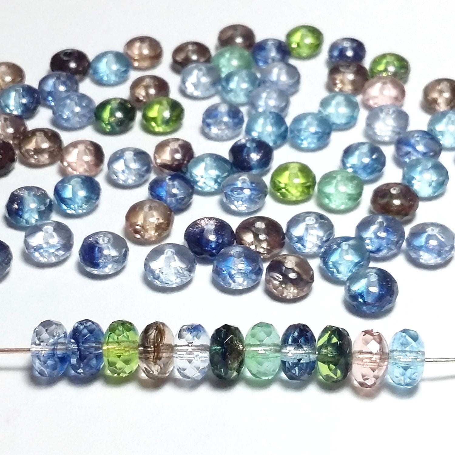 Blue, Green & Pink Czech Glass Rondelle 7x4mm - 20pcs