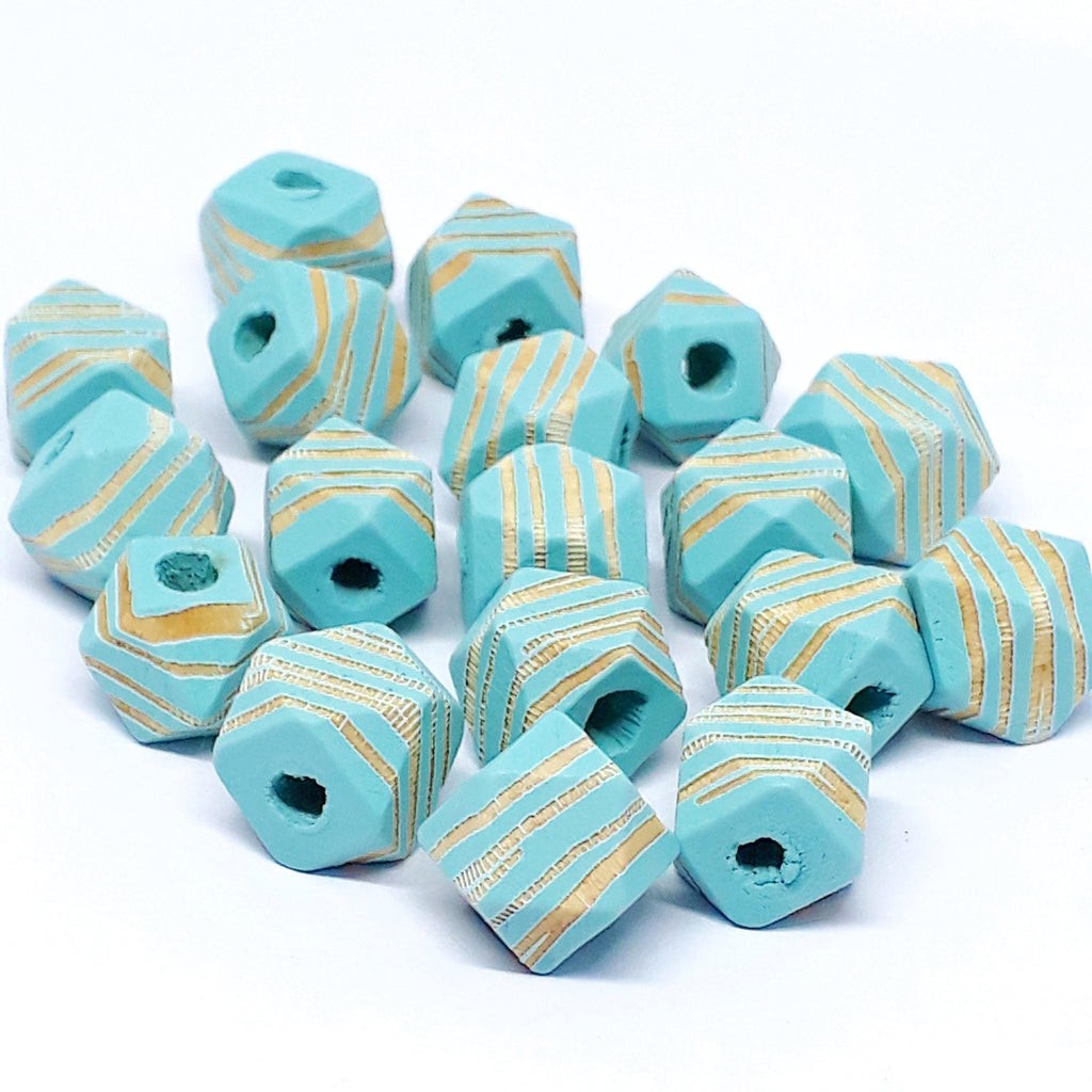 Turquoise Striped Carved Wood Polygon 10x10mm - 5pcs