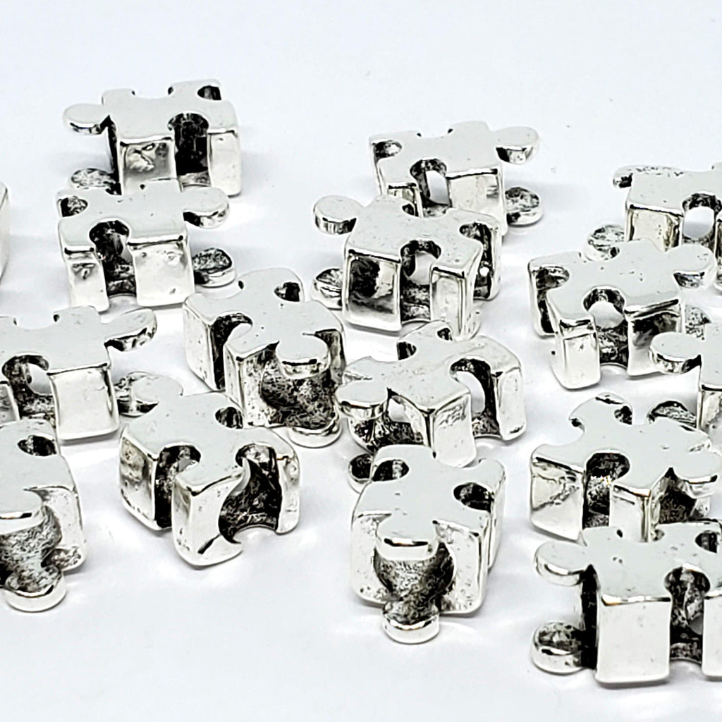 Jigsaw Puzzle Piece Big Hole Antique Silver 13x8mm - 6pcs