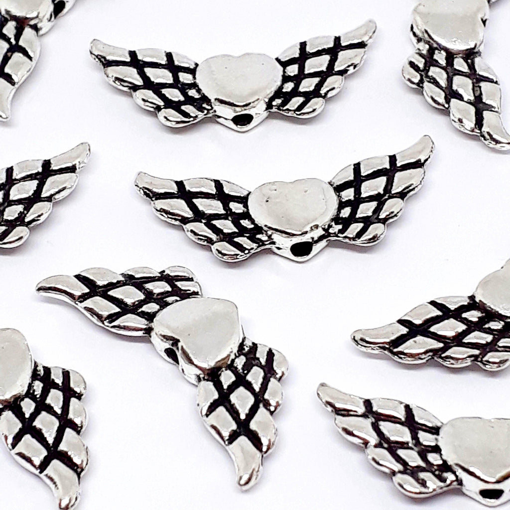Heart Angel Wing Antique Silver 22x9mm - 10pcs