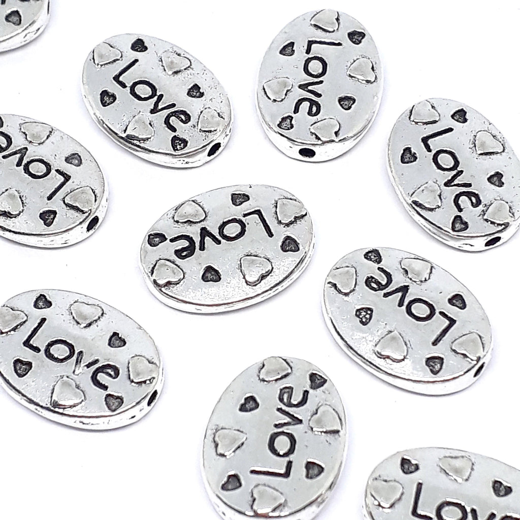 Oval Flat LOVE Antique Silver 16x12mm - 6pcs