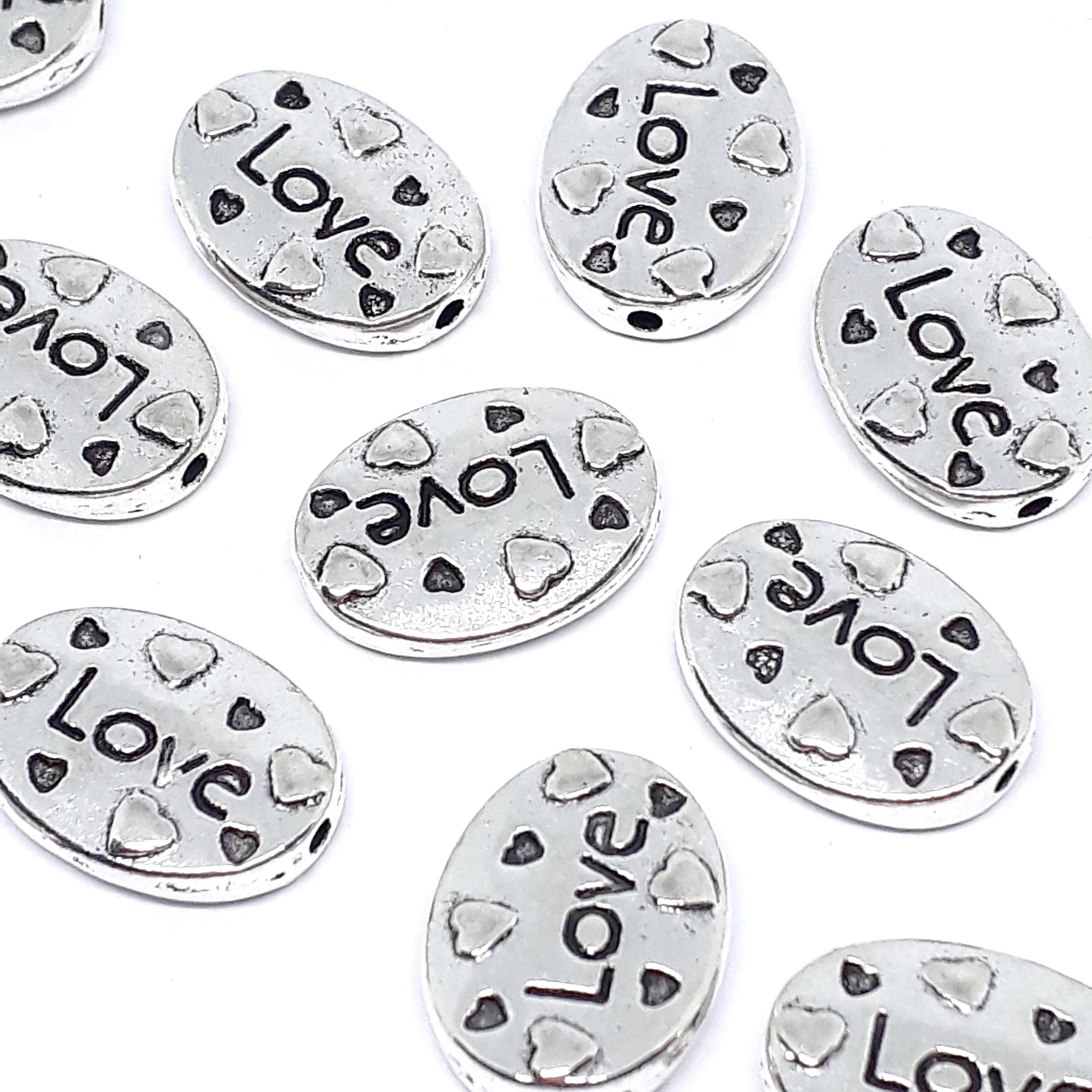 Oval Flat LOVE Antique Silver 16x12mm - 6pcs