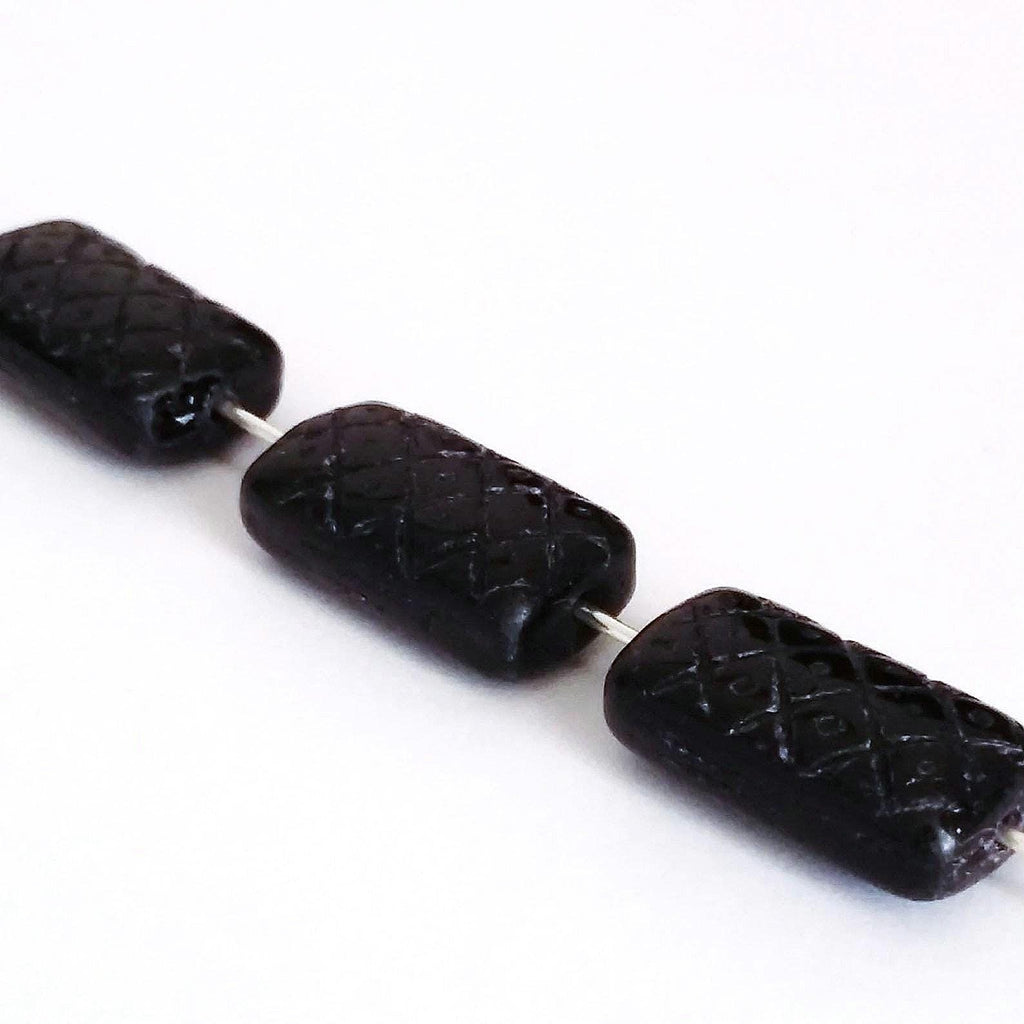 Black Carved Rectangle Czech Glass 13x7mm - 10pcs