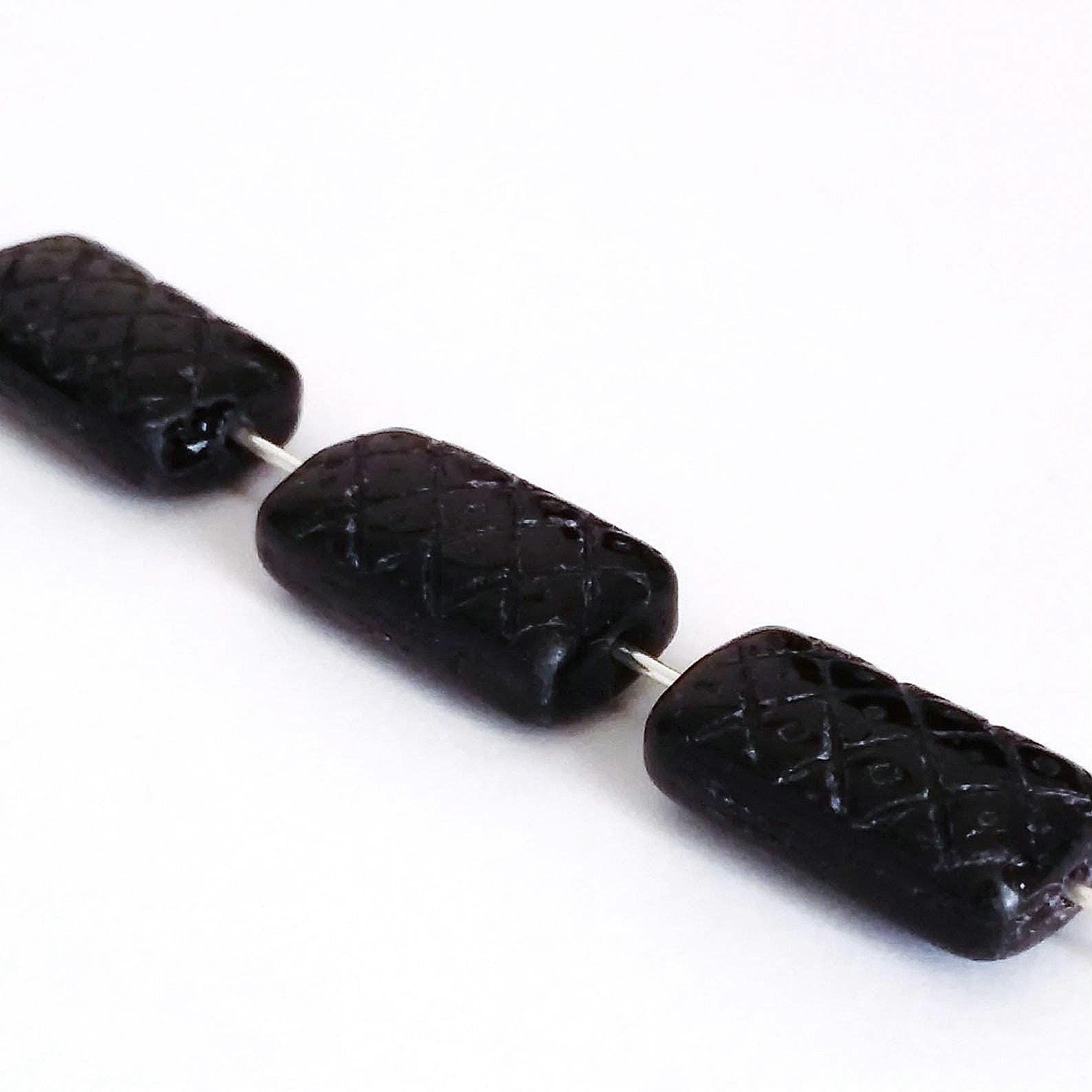 Black Carved Rectangle Czech Glass 13x7mm - 10pcs