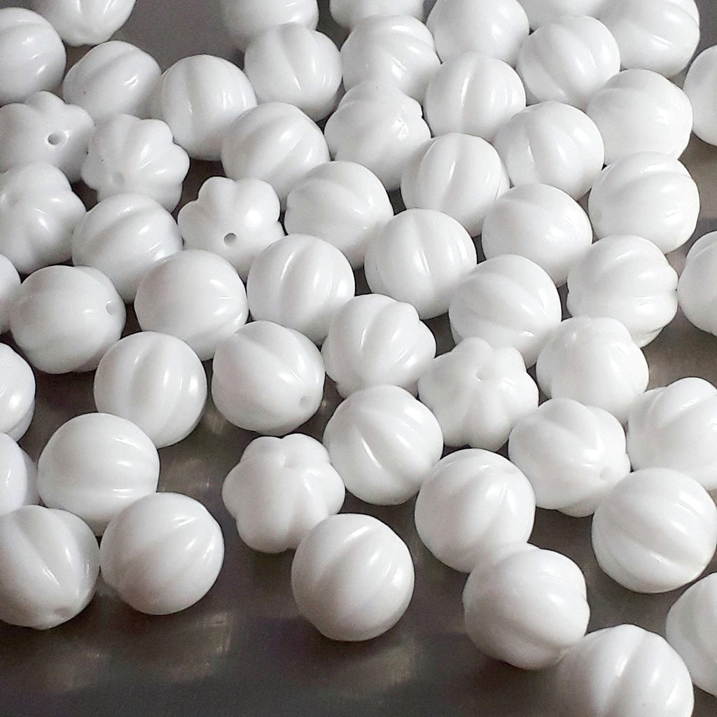 White Opaque Czech Glass Fluted 8mm - 10pcs