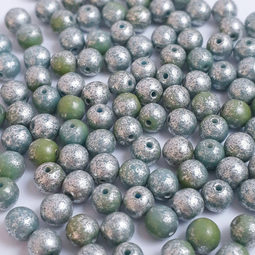 Two Tone Green & Silver Czech Glass Round 4mm - 60pcs