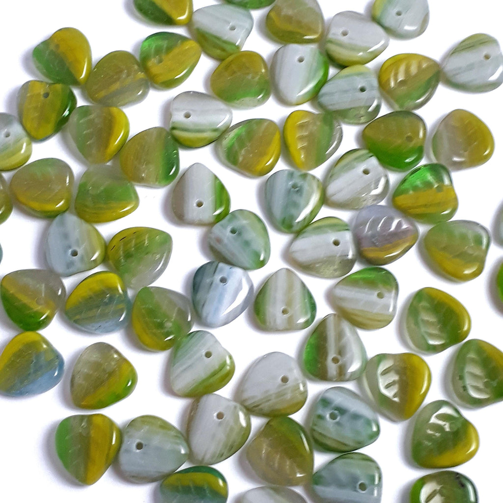 Green & White Czech Glass Leaf 9mm - 30pcs