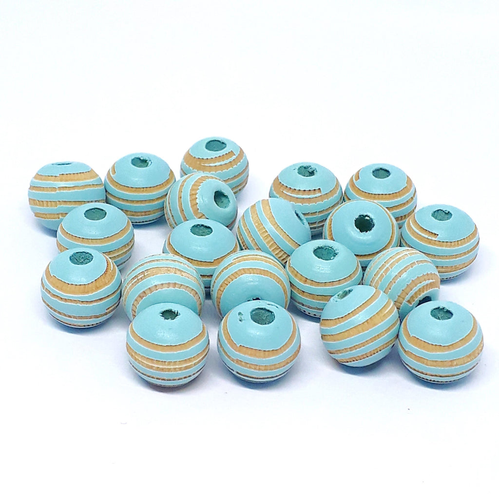 Turquoise Striped Carved Wood Round 10x9mm - 5pcs