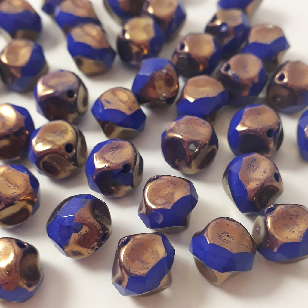 Blue & Copper Faceted Round Czech Glass 9x8mm - 6pcs
