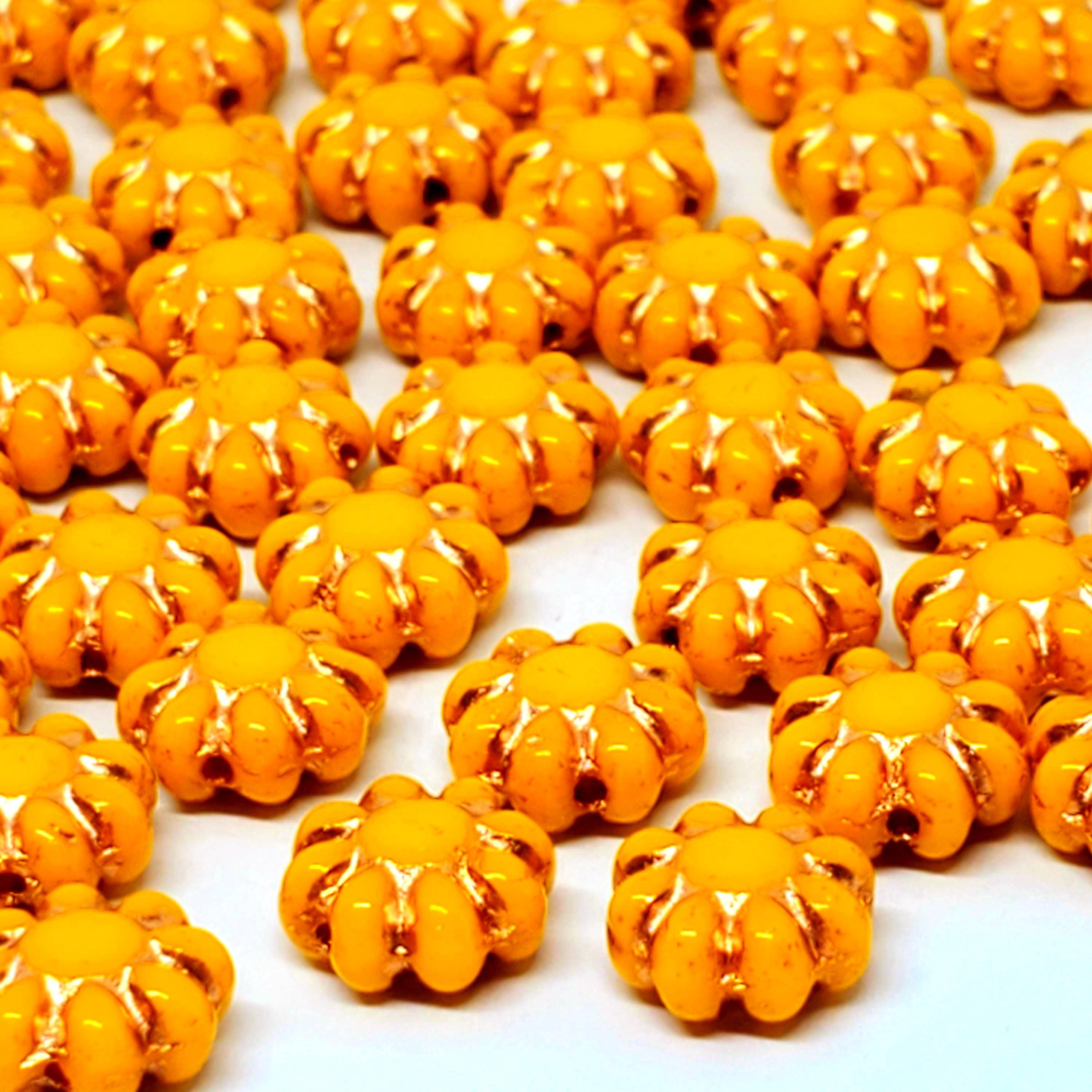 Dark Yellow & Copper Hawaiian Flower Czech Glass 9mm - 10pcs