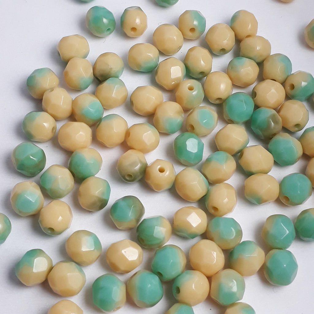 Turquoise & Cream Czech Glass Faceted Round 6mm - 20pcs