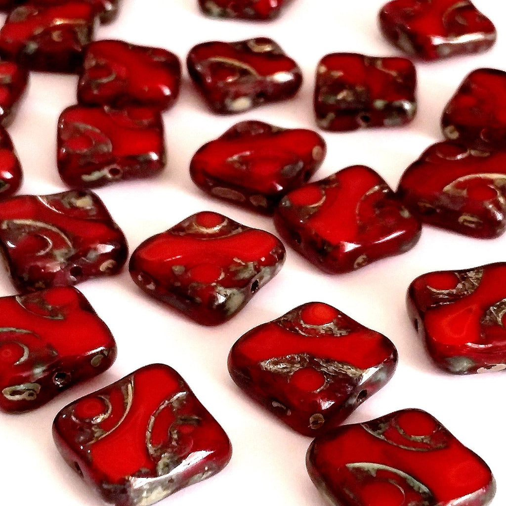 Red Picasso Table Cut Czech Glass Square 10mm - 6pcs