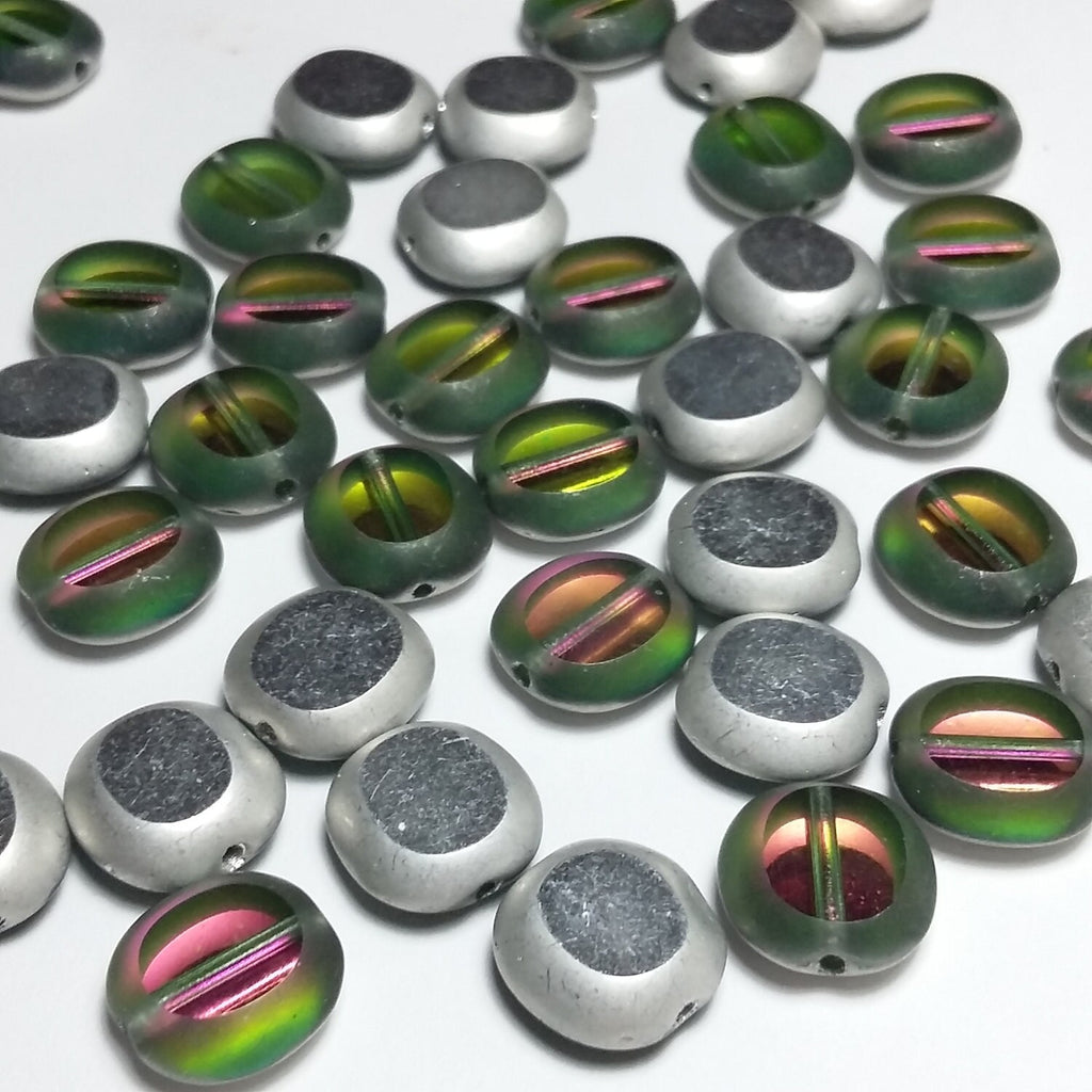 2-Sided Green & Pink/Silver Czech Glass Cushion 10x9mm - 10pcs