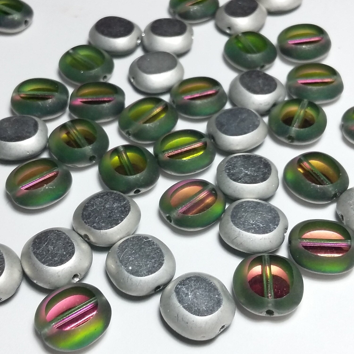 2-Sided Green & Pink/Silver Czech Glass Cushion 10x9mm - 10pcs